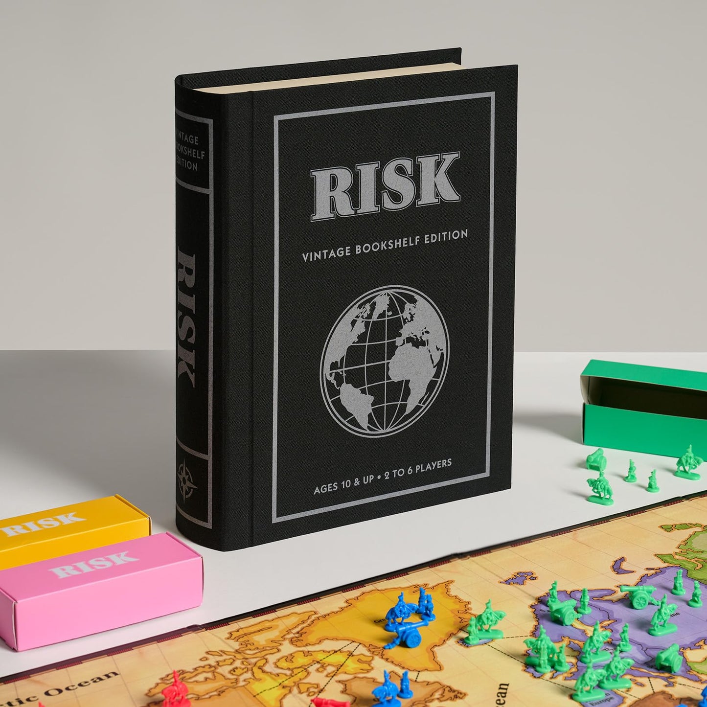 WS Game Company Risk Vintage Bookshelf Edition – Linen-Wrapped Book Box & Slipcase | Secret Mission Variant, 2-6 Players