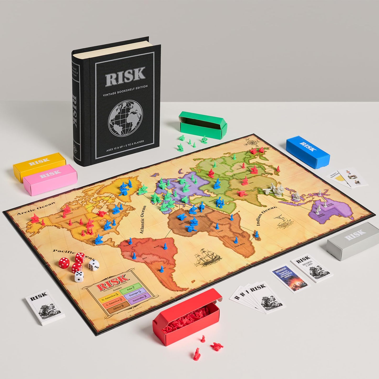 WS Game Company Risk Vintage Bookshelf Edition – Linen-Wrapped Book Box & Slipcase | Secret Mission Variant, 2-6 Players