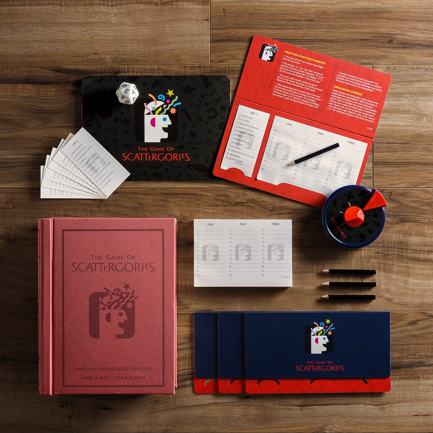WS Game Company Scattergories Vintage Bookshelf Edition – Linen Fabric-Wrapped Case with Integrated Storage and 1988 Retro Graphics