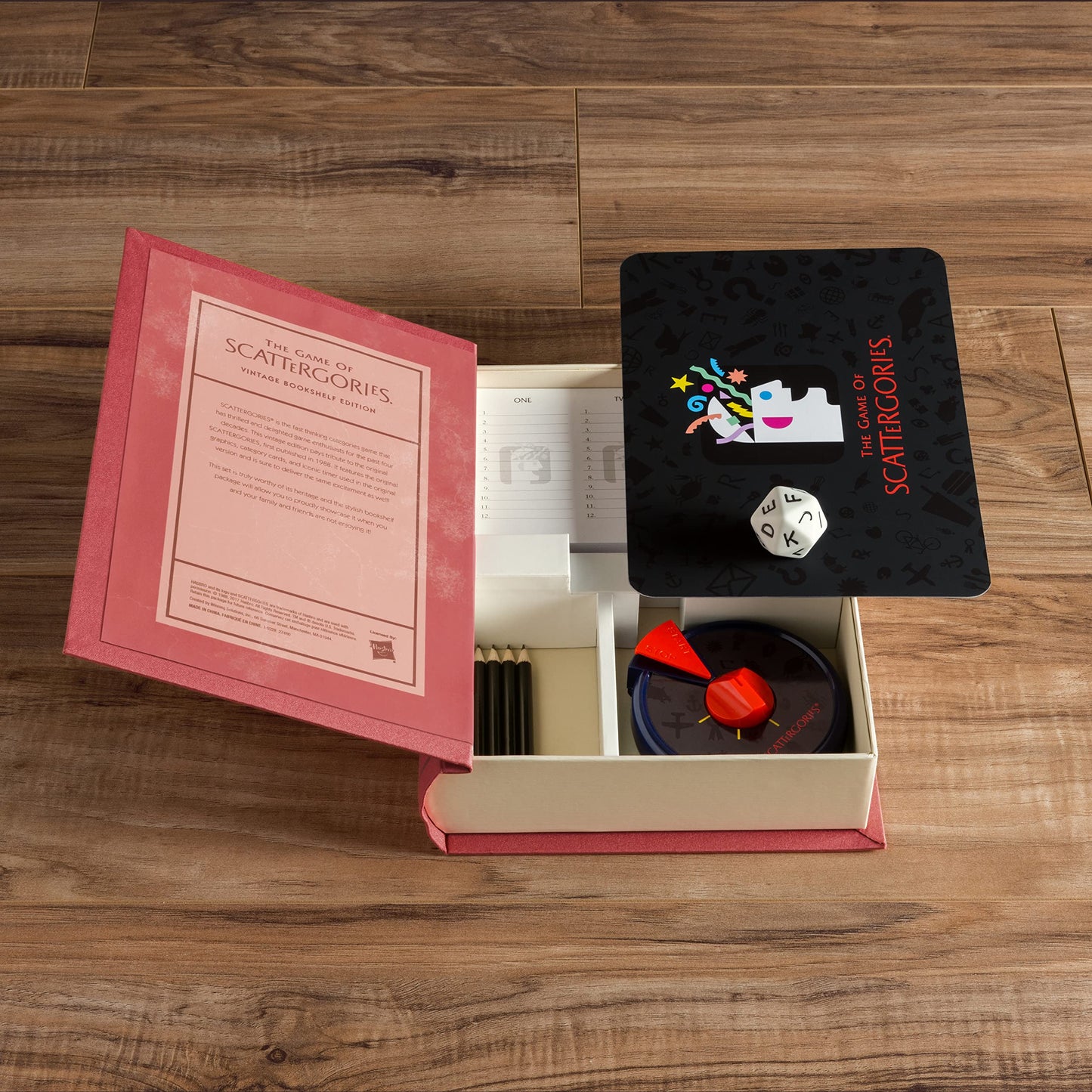 WS Game Company Scattergories Vintage Bookshelf Edition – Linen Fabric-Wrapped Case with Integrated Storage and 1988 Retro Graphics