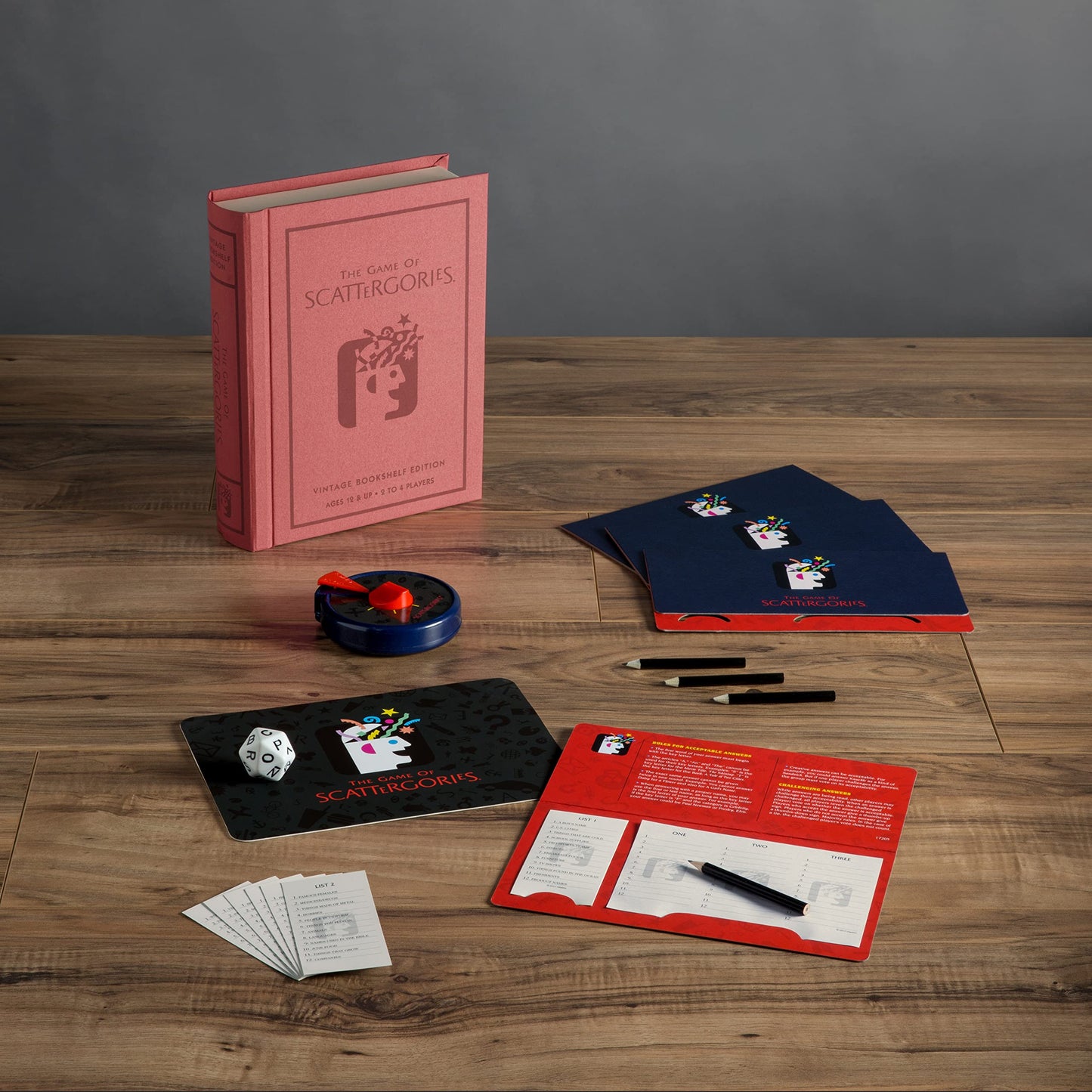 WS Game Company Scattergories Vintage Bookshelf Edition – Linen Fabric-Wrapped Case with Integrated Storage and 1988 Retro Graphics