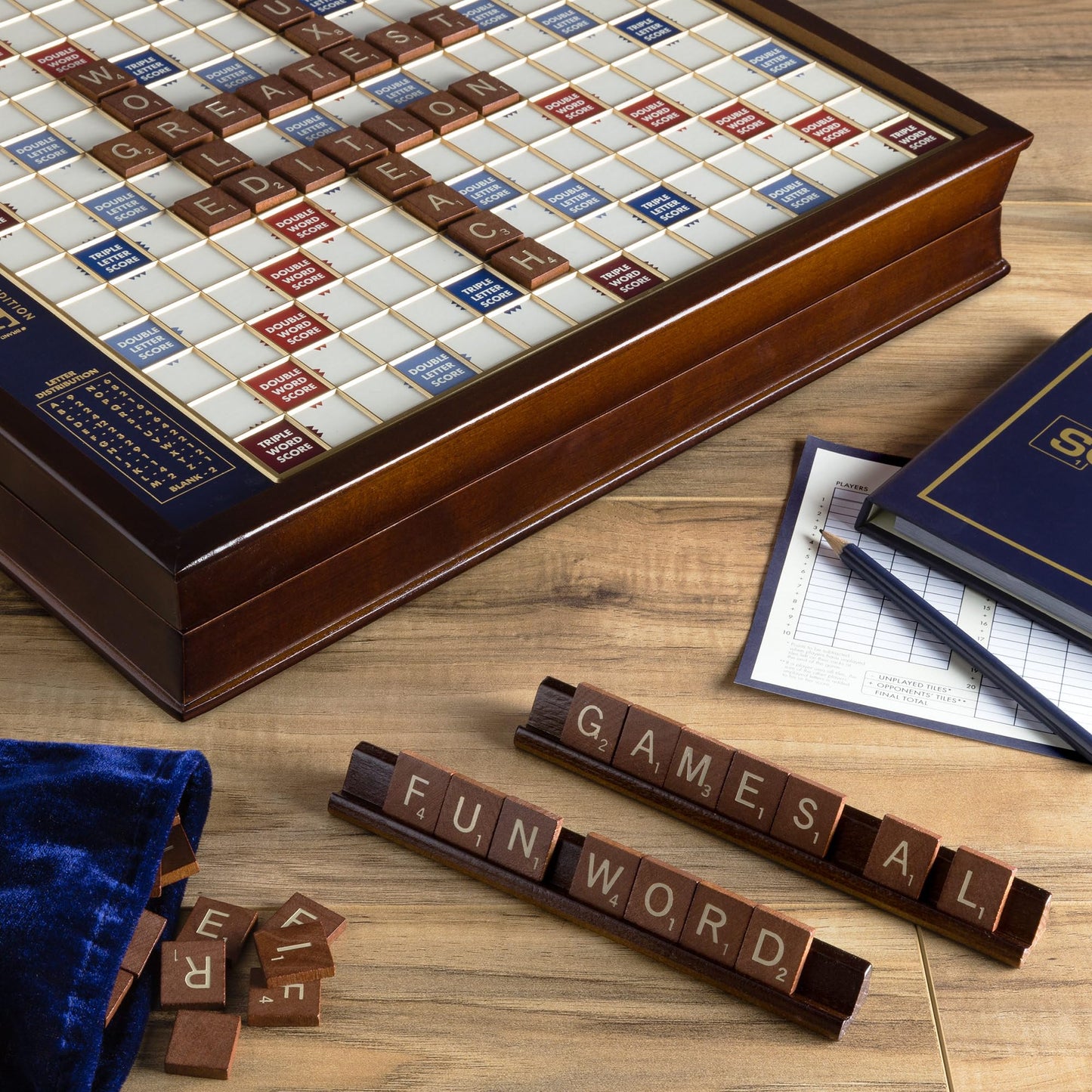 WS Game Company Scrabble Deluxe Edition — Rotating Board, Raised Grid & Hidden Storage (2-4 Players, Ages 8+)