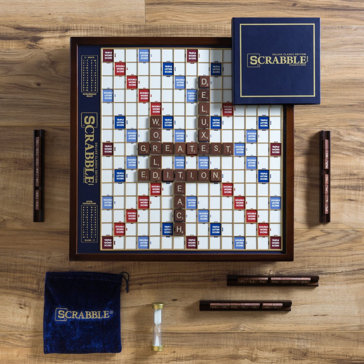 WS Game Company Scrabble Deluxe Edition — Rotating Board, Raised Grid & Hidden Storage (2-4 Players, Ages 8+)