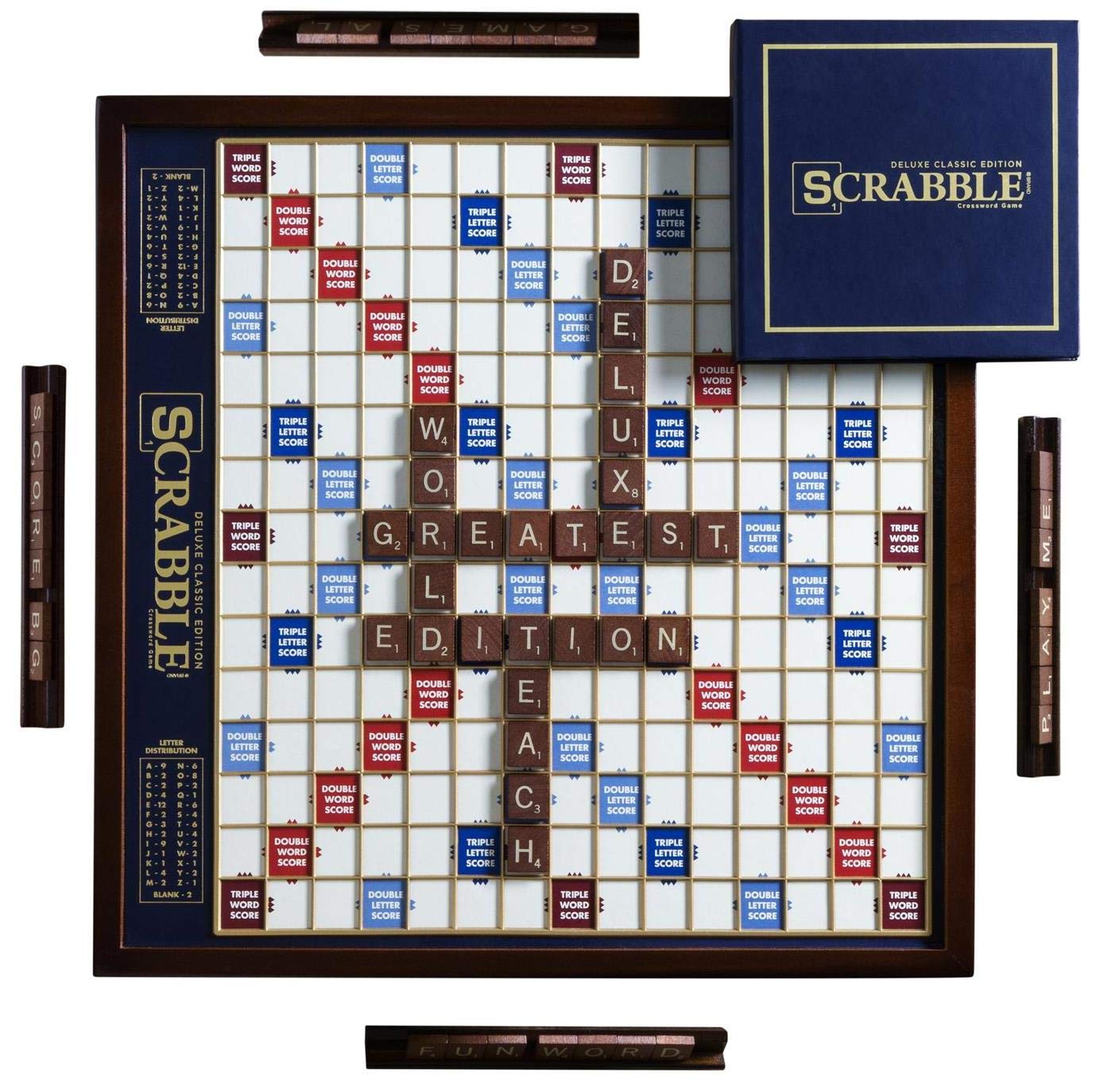 WS Game Company Scrabble Deluxe Edition — Rotating Board, Raised Grid & Hidden Storage (2-4 Players, Ages 8+)