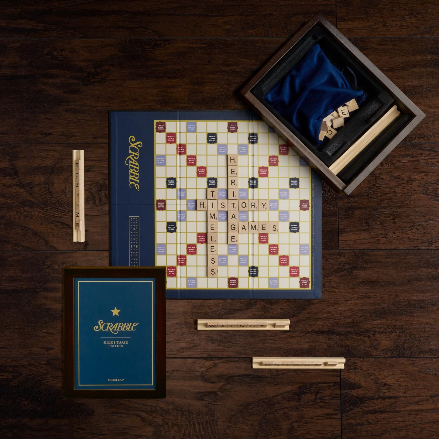 WS Game Company Scrabble Heritage Edition – Classic Word Game with Walnut Storage