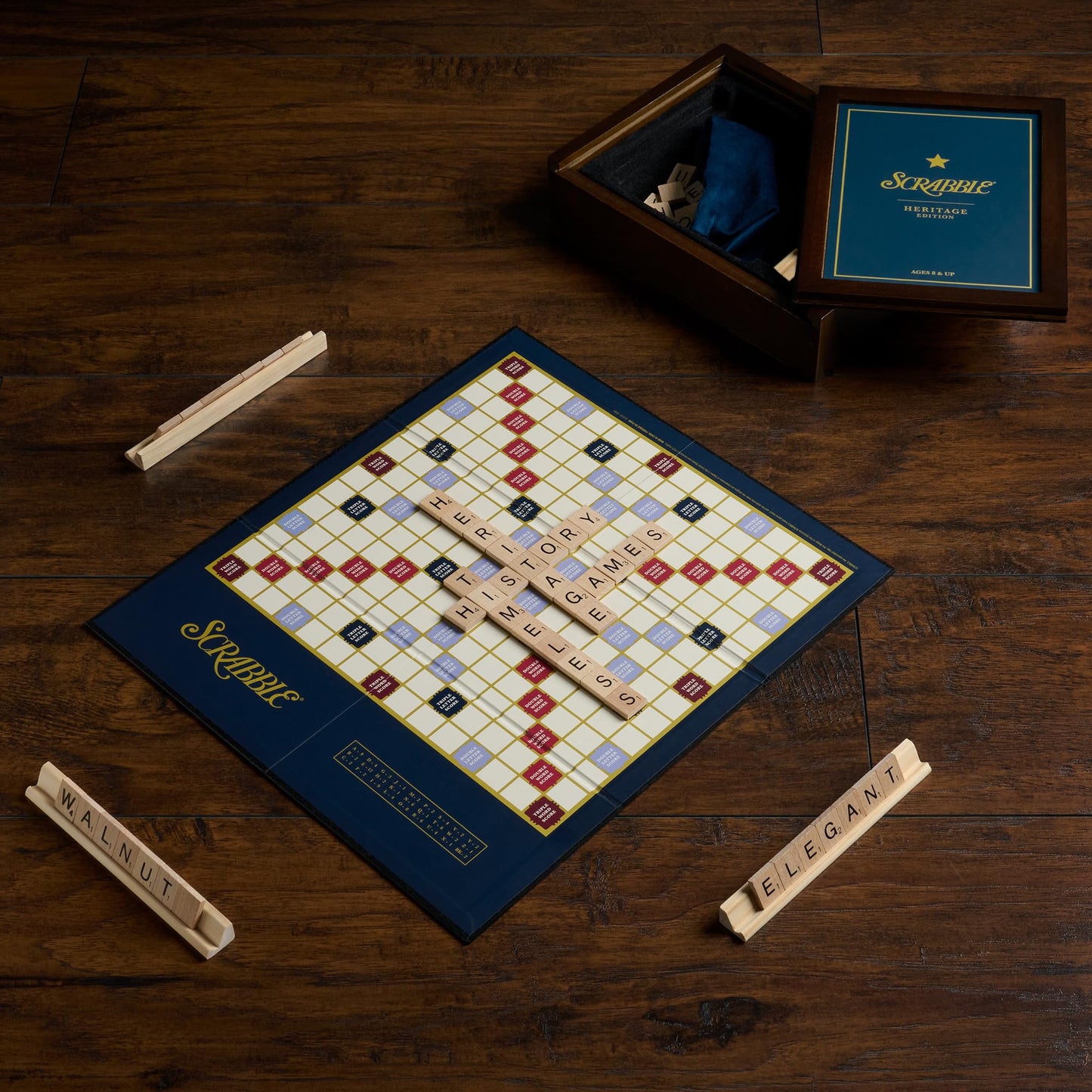 WS Game Company Scrabble Heritage Edition – Classic Word Game with Walnut Storage