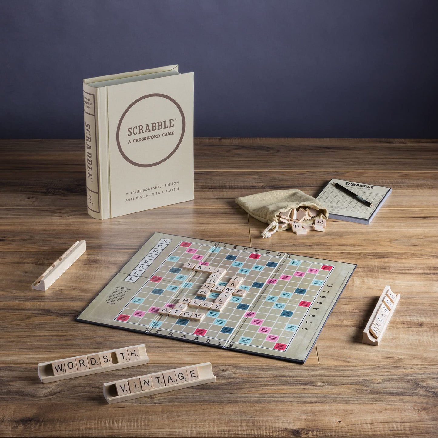 WS Game Company Scrabble Vintage Bookshelf Edition – Linen Book Case with Solid Wood Tiles