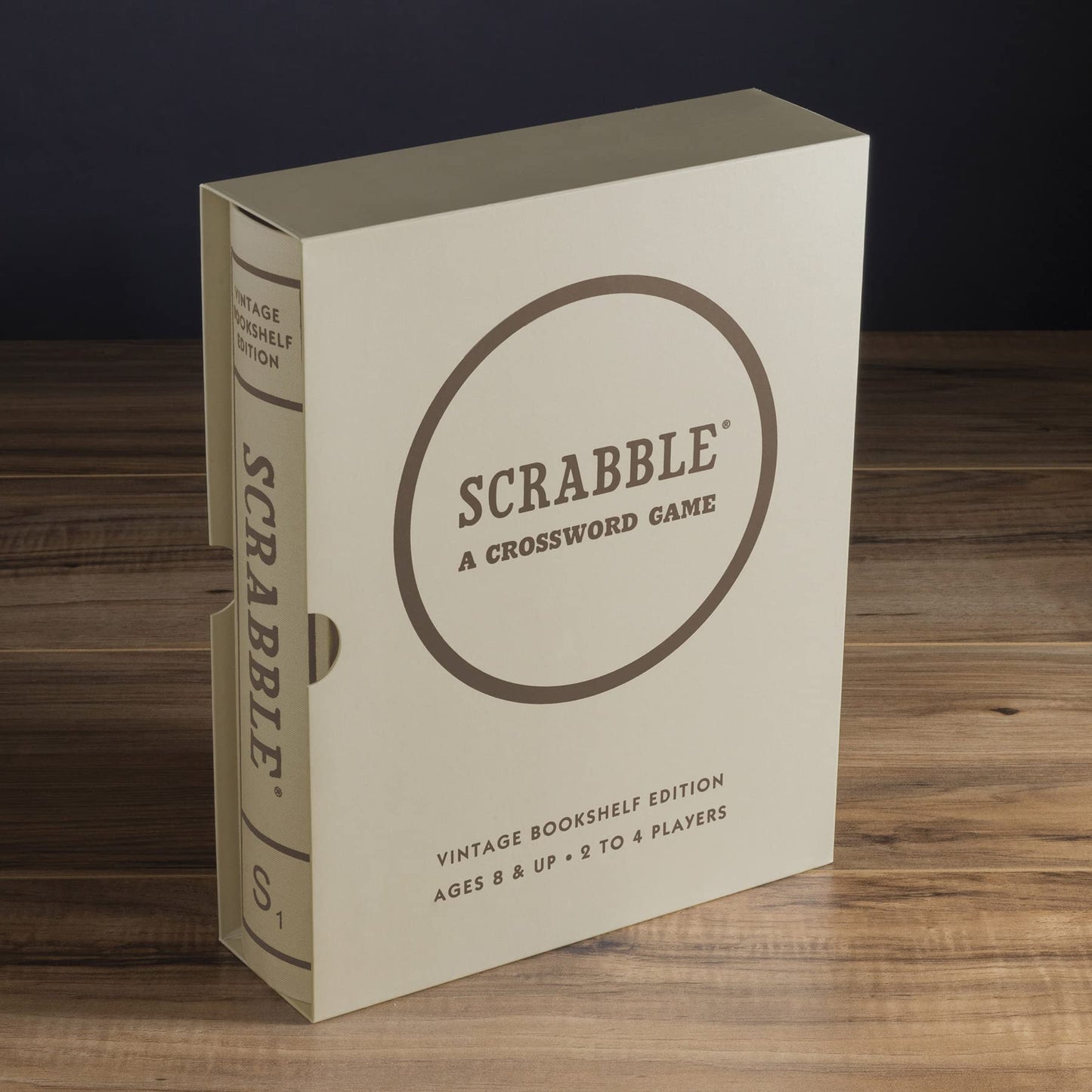 WS Game Company Scrabble Vintage Bookshelf Edition – Linen Book Case with Solid Wood Tiles