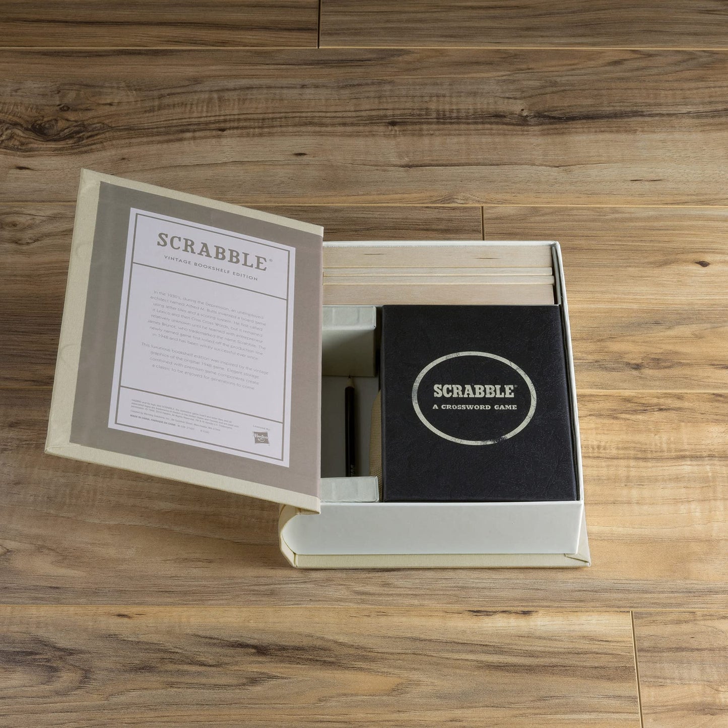 WS Game Company Scrabble Vintage Bookshelf Edition – Linen Book Case with Solid Wood Tiles