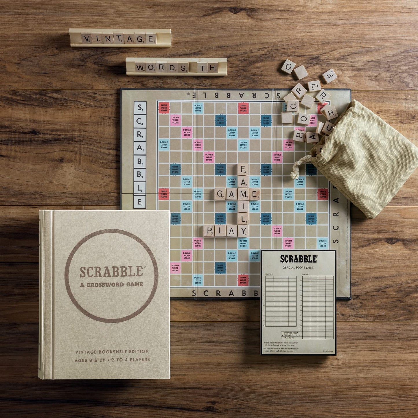 WS Game Company Scrabble Vintage Bookshelf Edition – Linen Book Case with Solid Wood Tiles