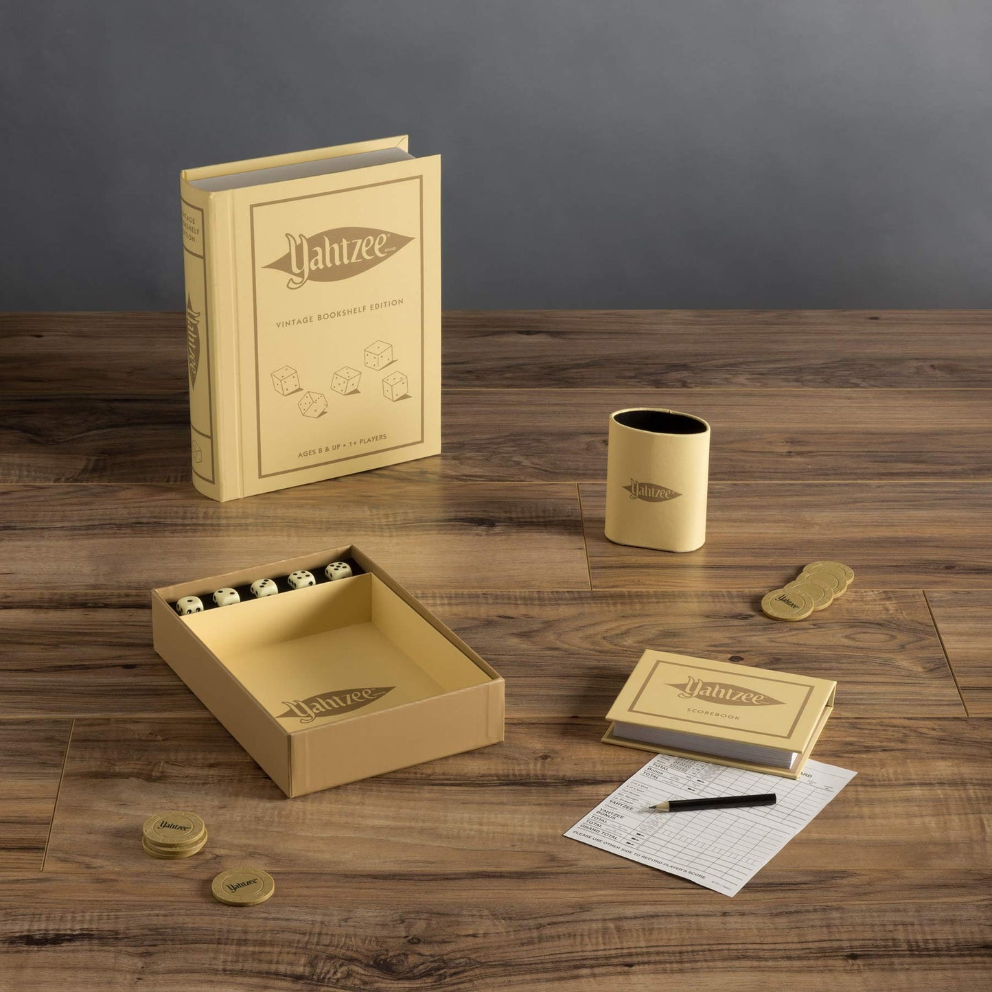 WS Game Company Yahtzee Vintage Bookshelf Edition – Luxury Linen-Wrapped Case & Deluxe Accessories