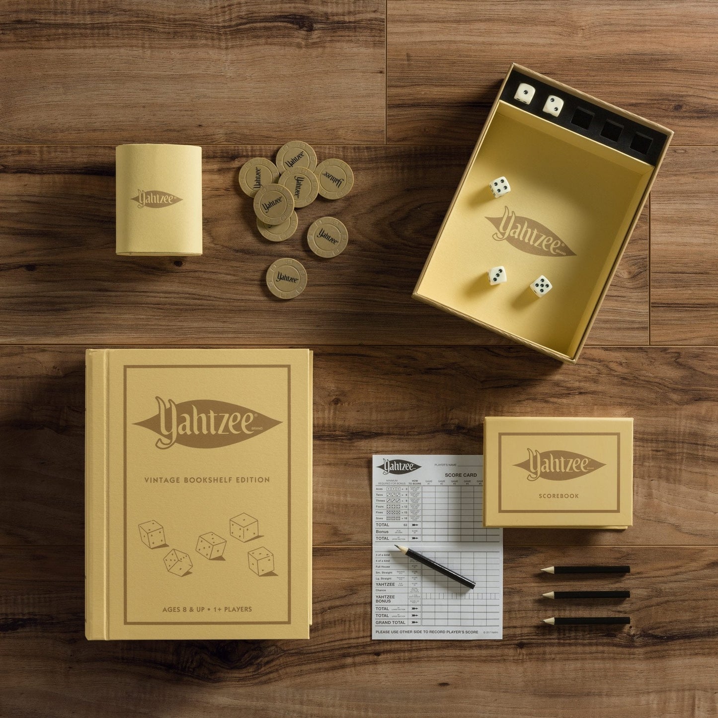 WS Game Company Yahtzee Vintage Bookshelf Edition – Luxury Linen-Wrapped Case & Deluxe Accessories