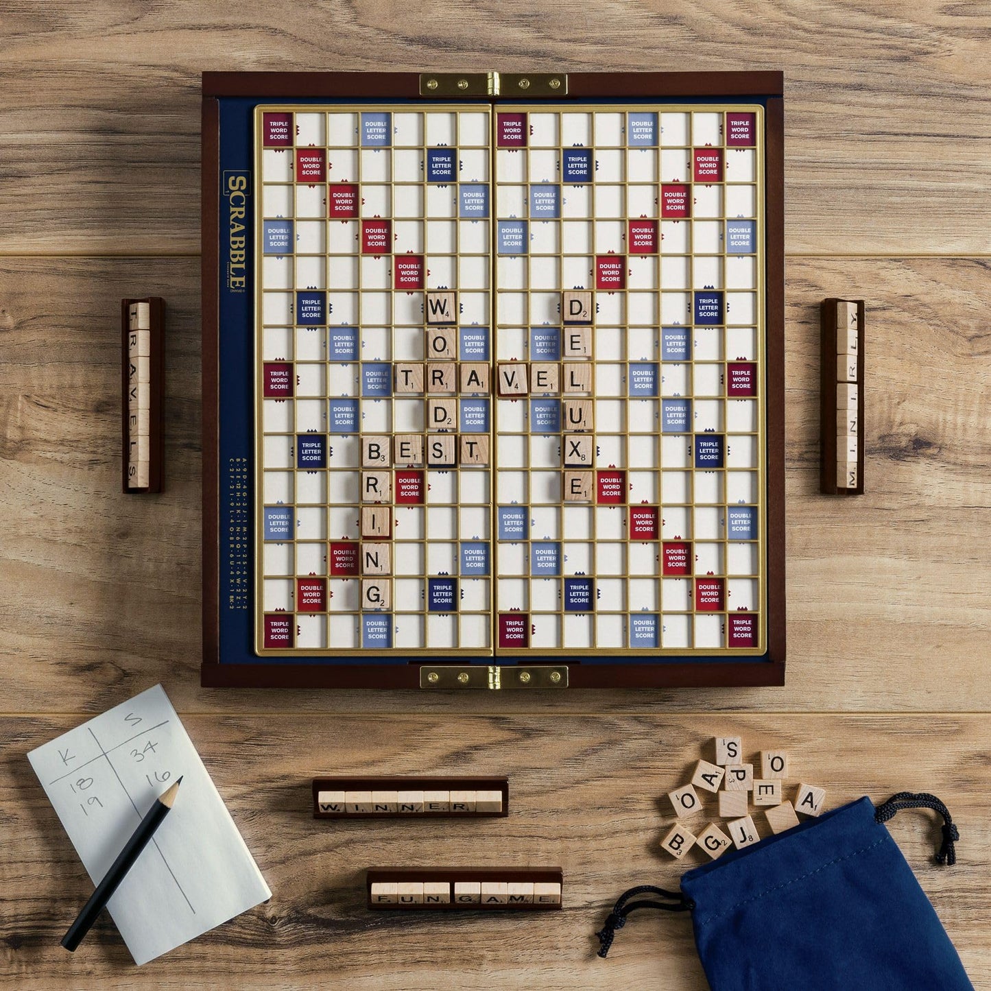 Scrabble Deluxe Travel Edition by WS Game Company | Compact Wooden Case with Raised Grid