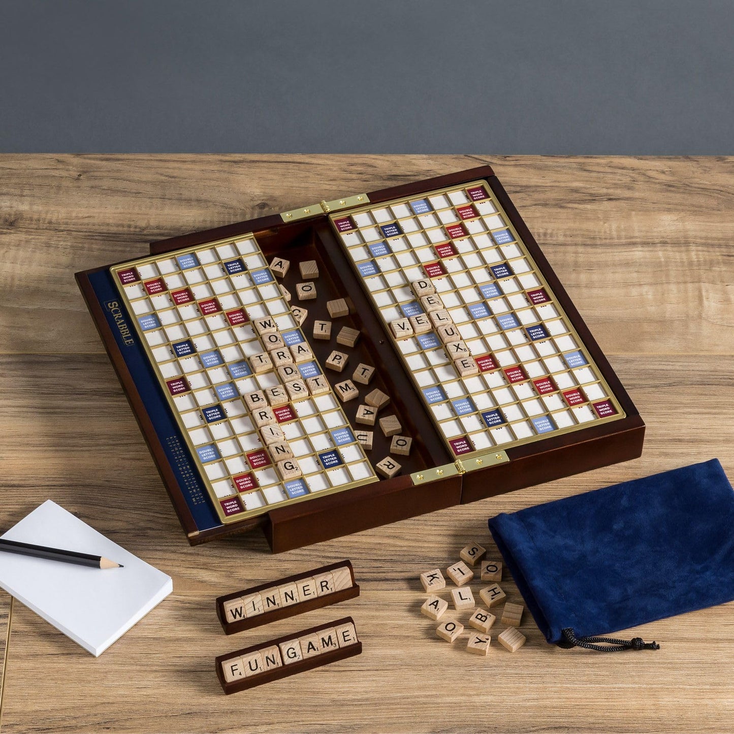Scrabble Deluxe Travel Edition by WS Game Company | Compact Wooden Case with Raised Grid