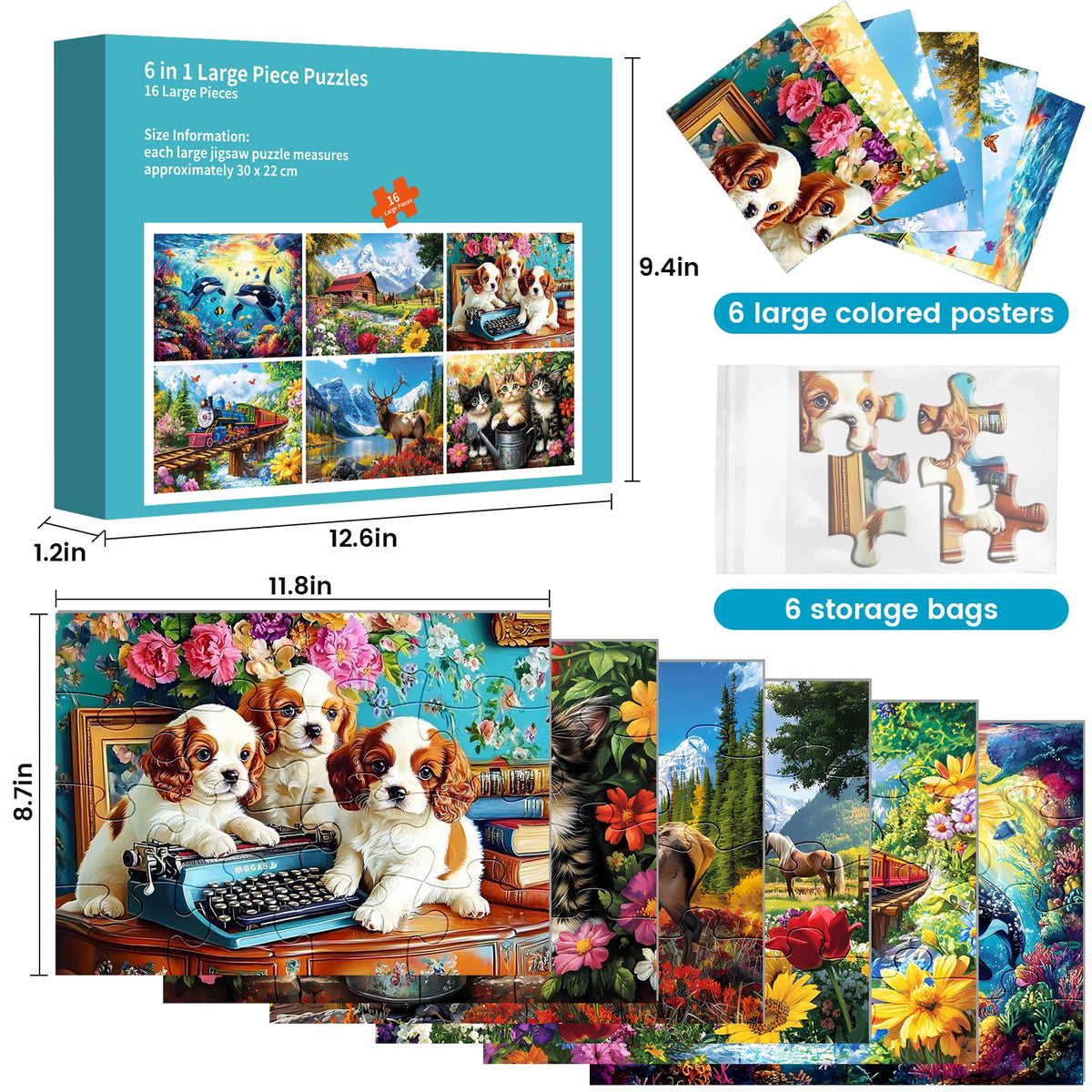 WSCXSC 6-Pack 16 Large Piece Senior Puzzles – Easy-Grip, Storage Bags