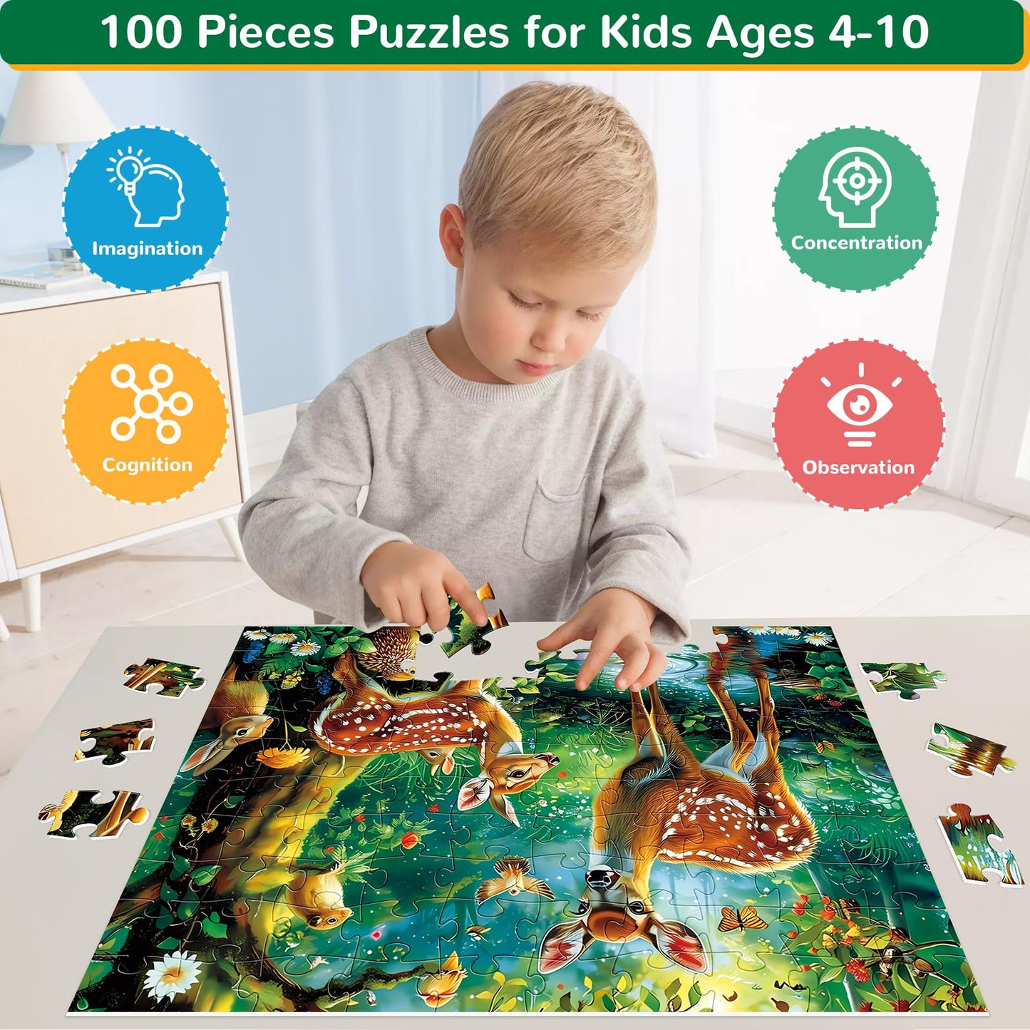 WSCXSC 100-Piece Deer Puzzle for Kids Ages 4-10 — Educational Jigsaw Floor Puzzle
