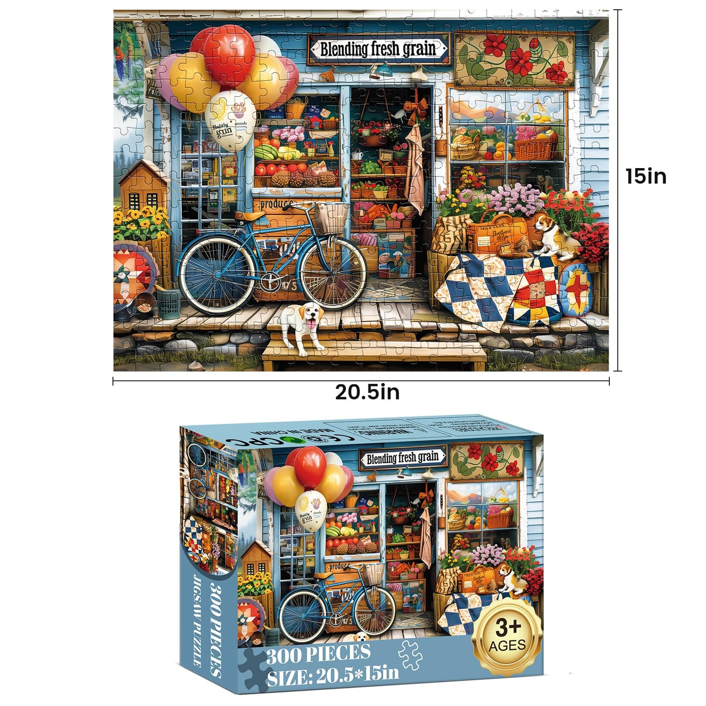 WSCXSC 300-Piece Puzzle – Dog, Fruit & Balloon Scene for Adults & Kids (20.5x15 in)