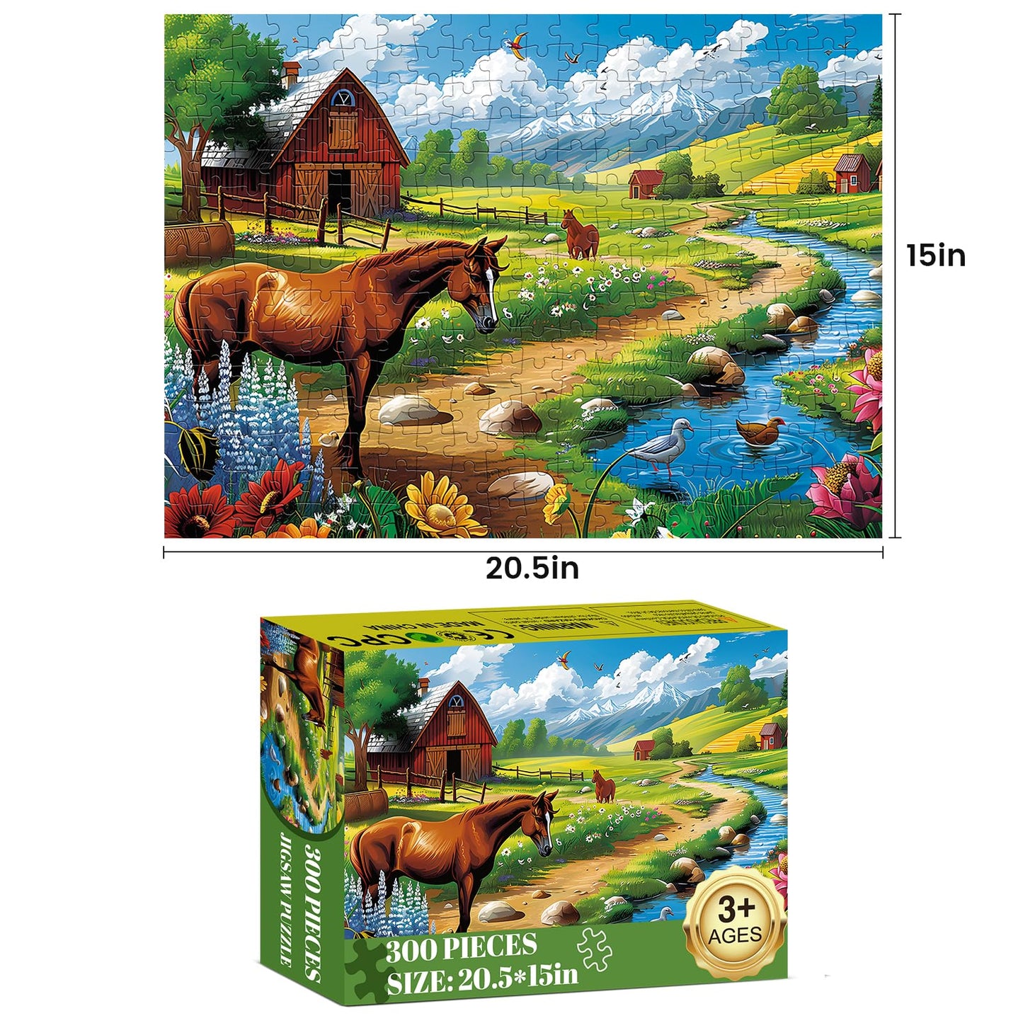 WSCXSC 300-Piece Jigsaw Puzzle for Adults – Horse Farm Scene (20.5 x 15 in), Thick Paper Pieces