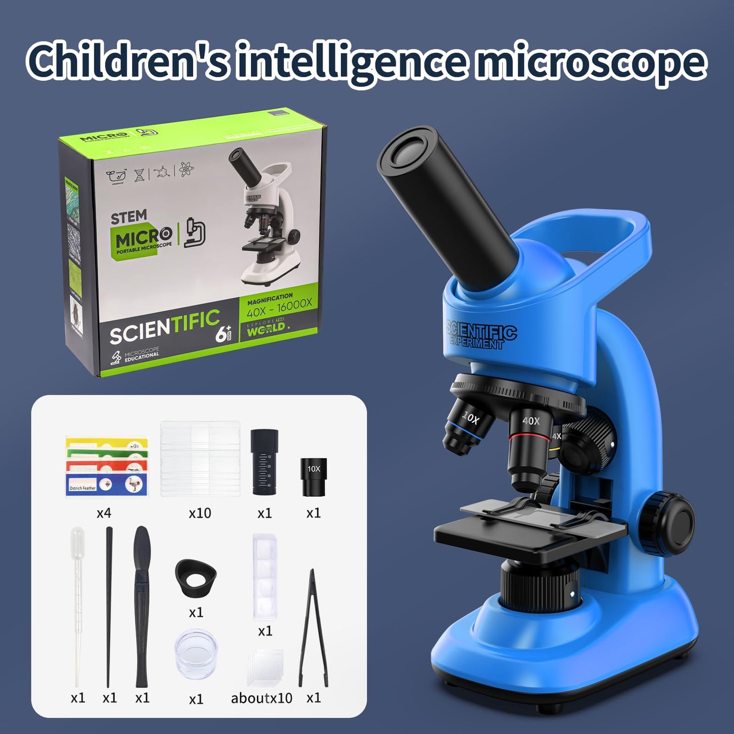 WSDMIC Kid Microscope 40x-1600x Magnification STEM Kit with Slides & Tools | Blue