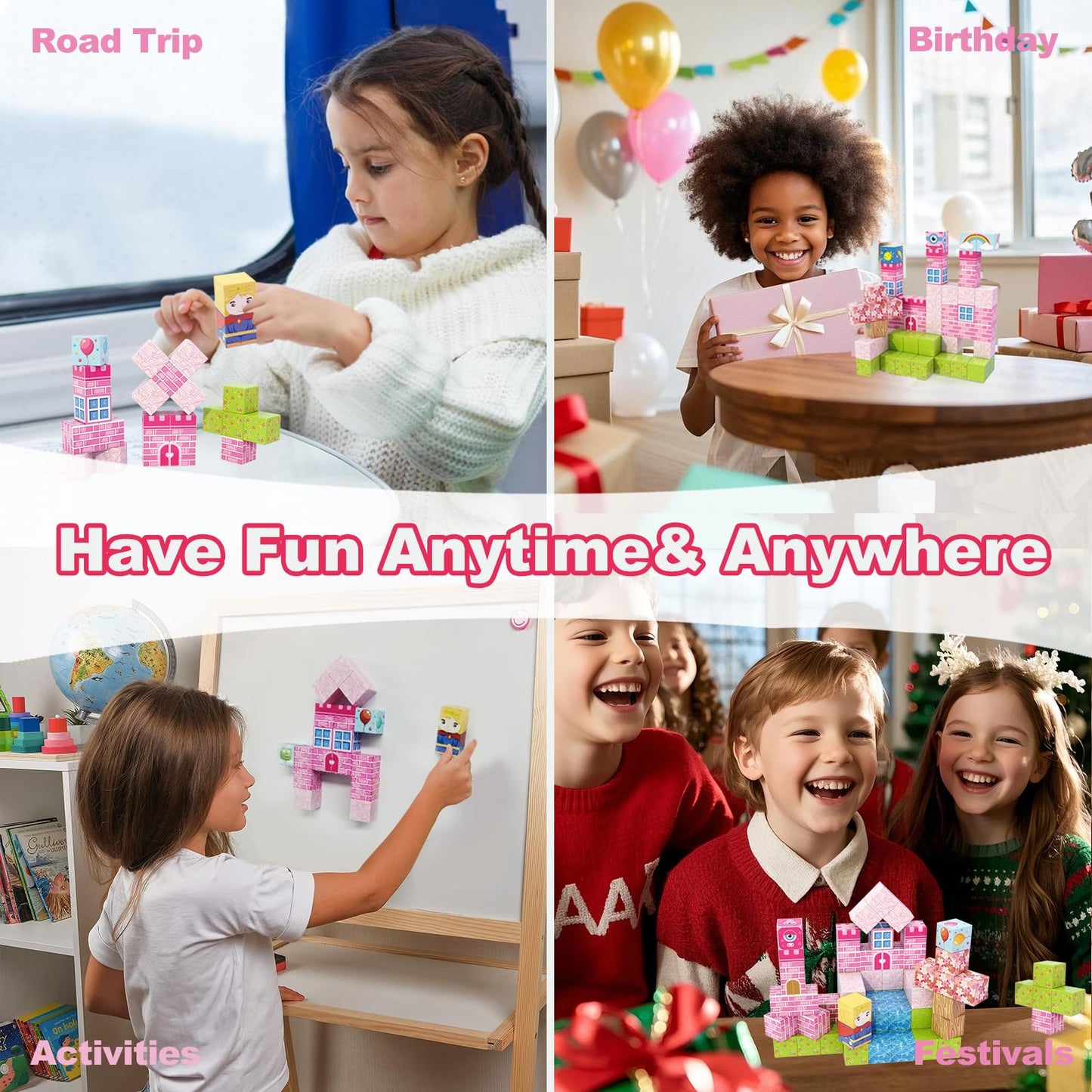 WSHIMIN Princess Castle Magnetic Building Blocks - STEM Toy for Kids 4-8 (Pink Castle, PCS 32)