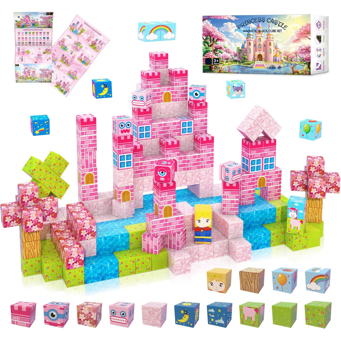 WSHIMIN Princess Castle Magnetic Building Blocks - STEM Toy for Kids 4-8 (Pink Castle, PCS 32)
