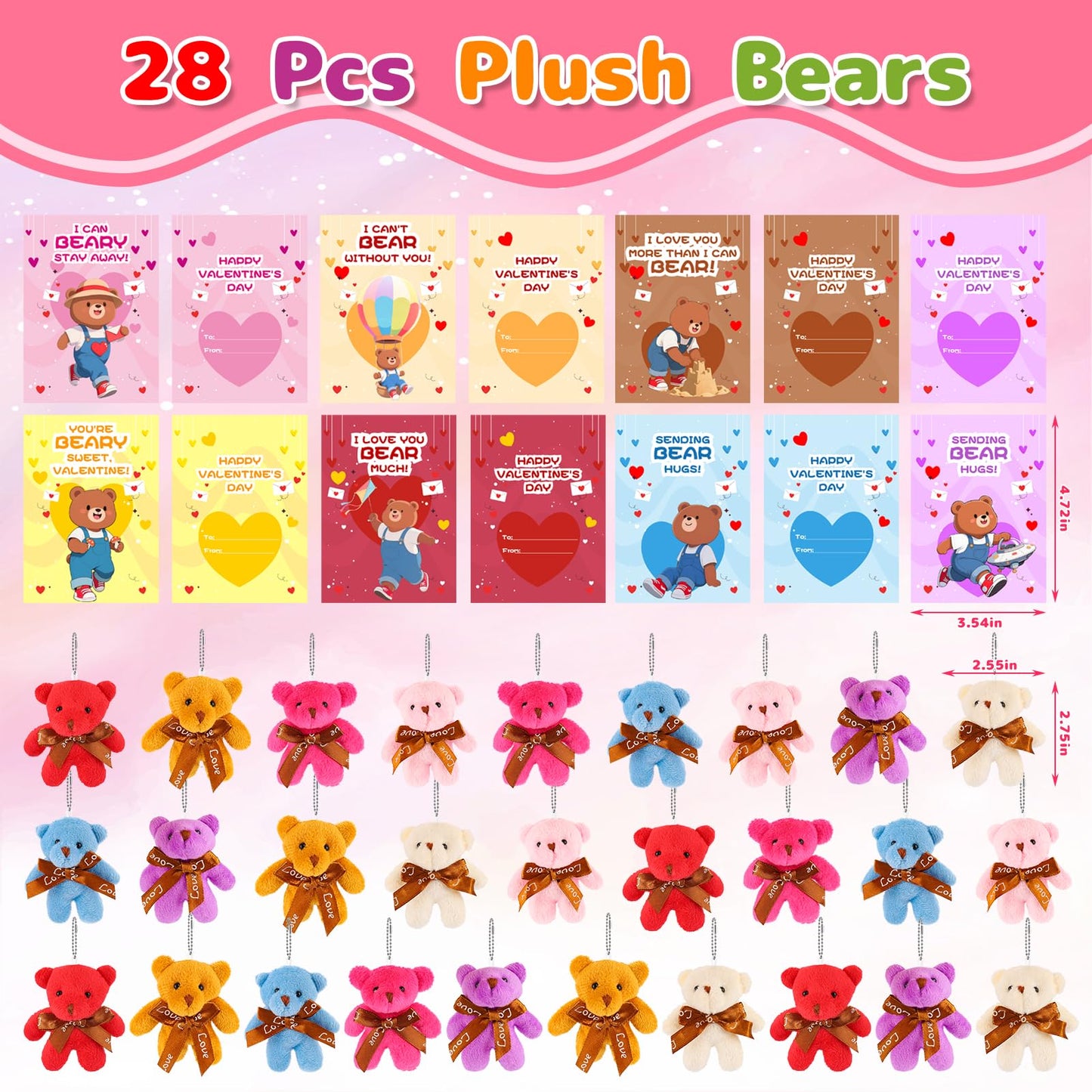 Wsorik 28-Pack Valentine Cards with Mini Plush Bear Keychains – Classroom Gifts & Party Favors