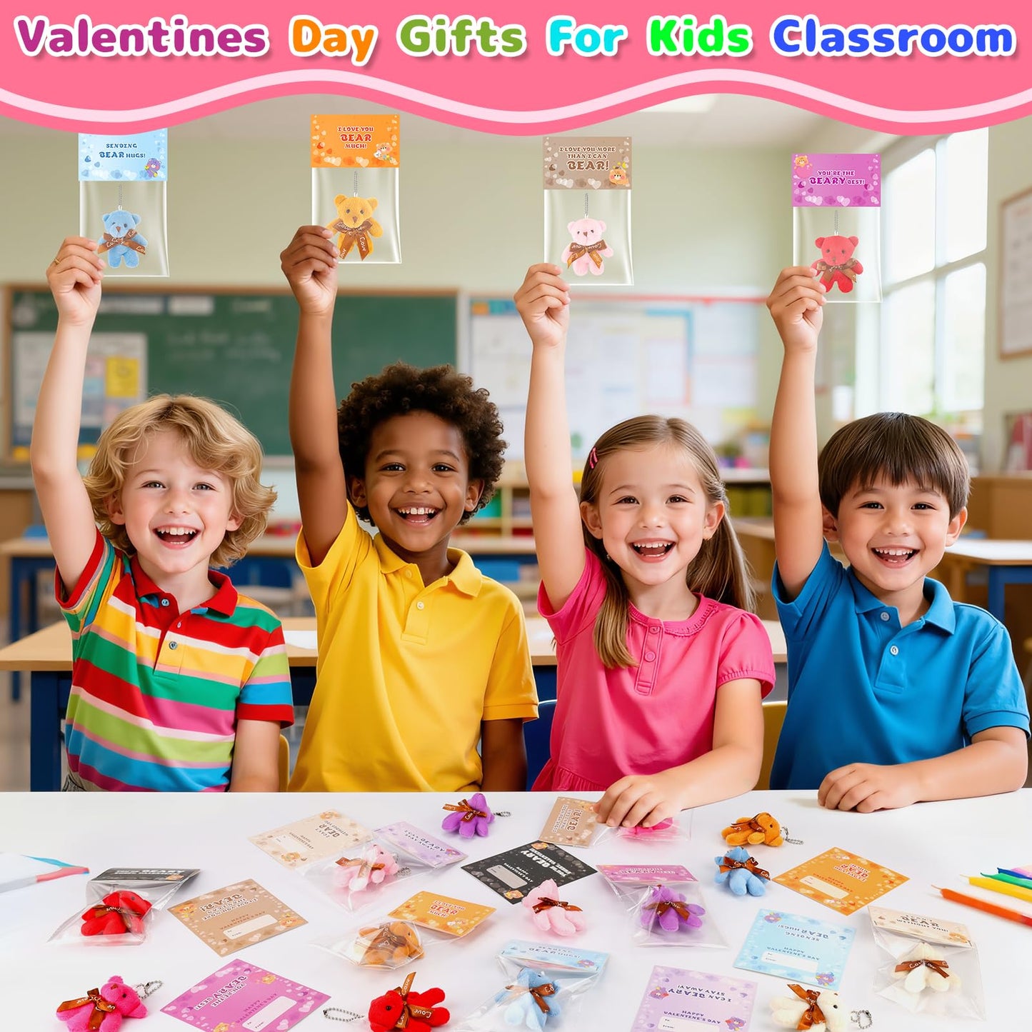 Wsorik 28-Pack Valentine Cards for Kids with Mini Plush Bear Keychains | Classroom Valentines Gifts