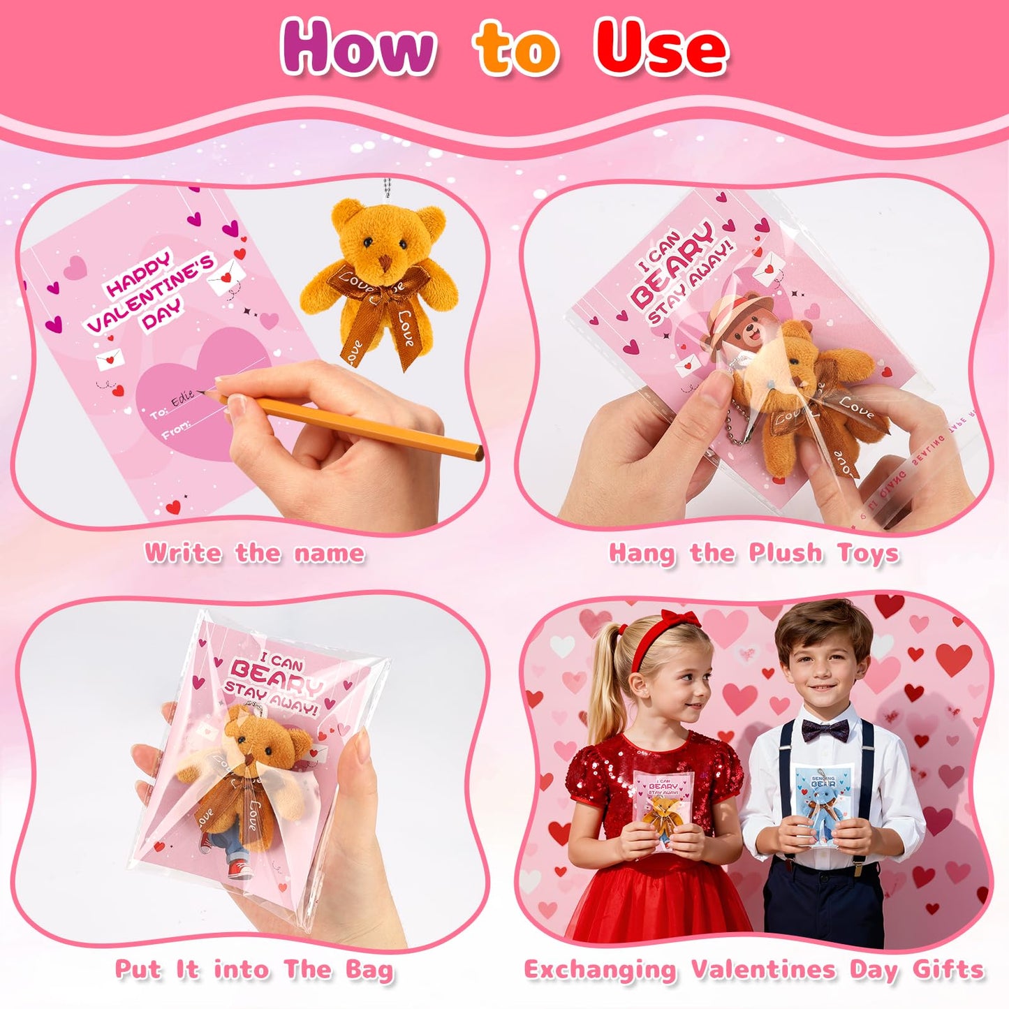 Wsorik 28-Pack Valentine Cards with Mini Plush Bear Keychains – Classroom Gifts & Party Favors