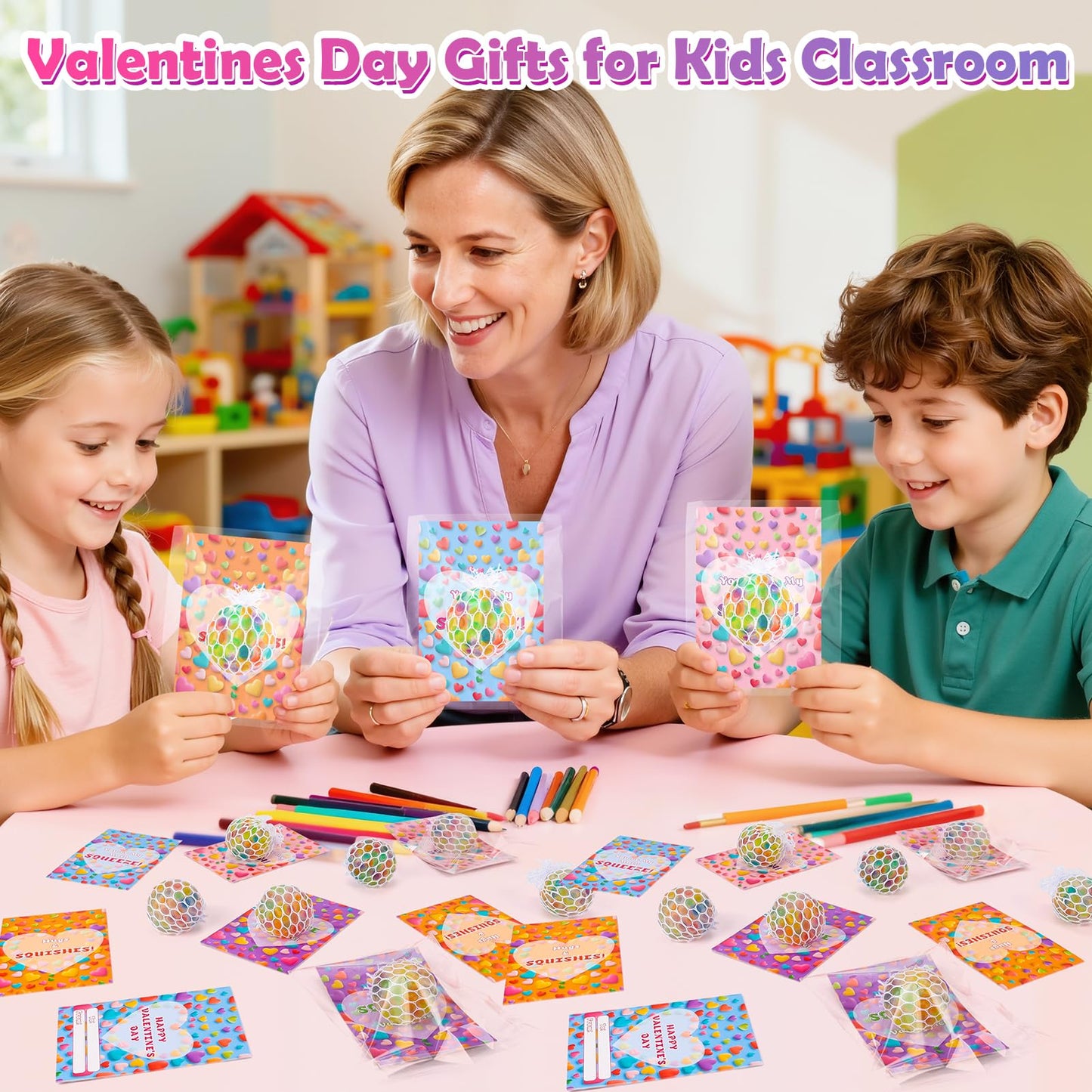 Wsorik 28-Pack Valentines Day Gifts for Kids – Classroom Fidget Balls & Card Set