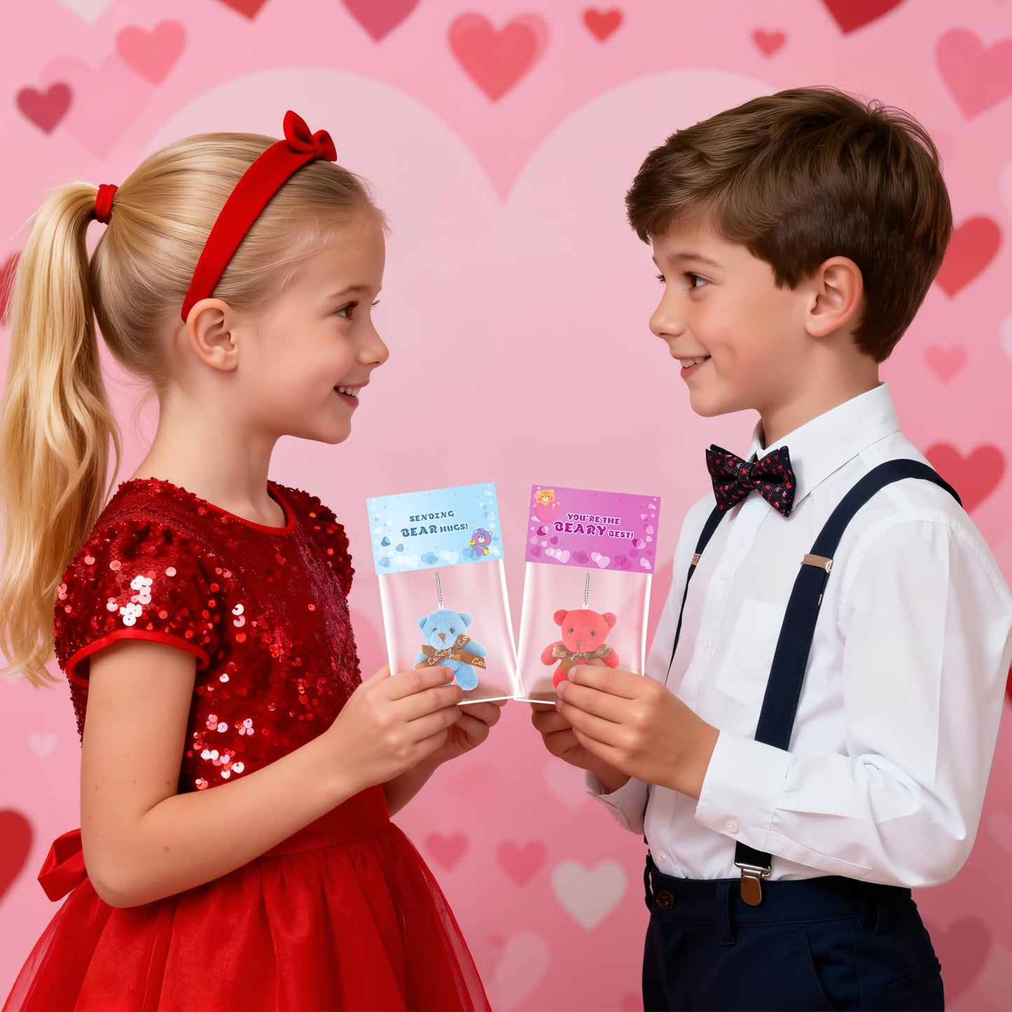 Wsorik 28-Pack Valentine Cards for Kids with Mini Plush Bear Keychains | Classroom Valentines Gifts