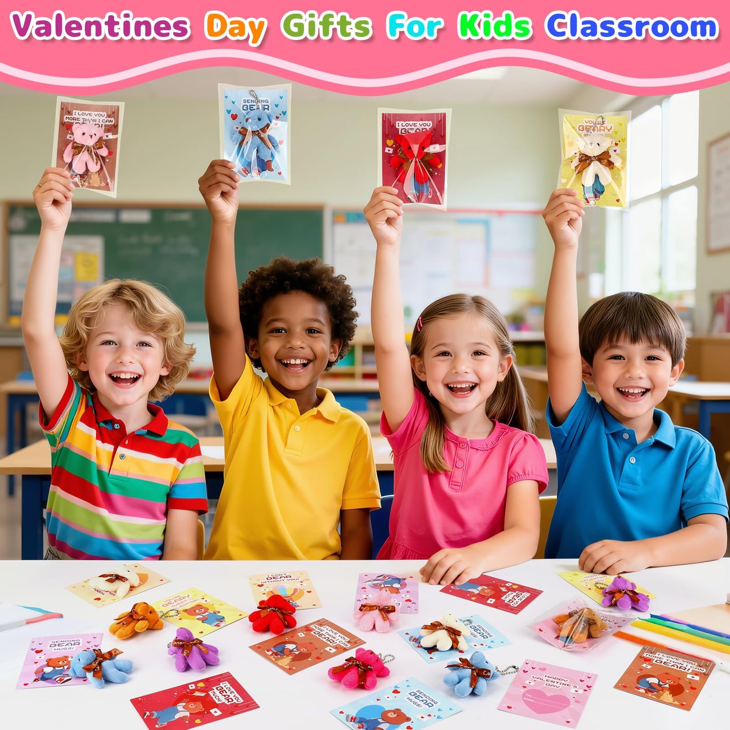 Wsorik 28-Pack Valentine Cards with Mini Plush Bear Keychains – Classroom Gifts & Party Favors