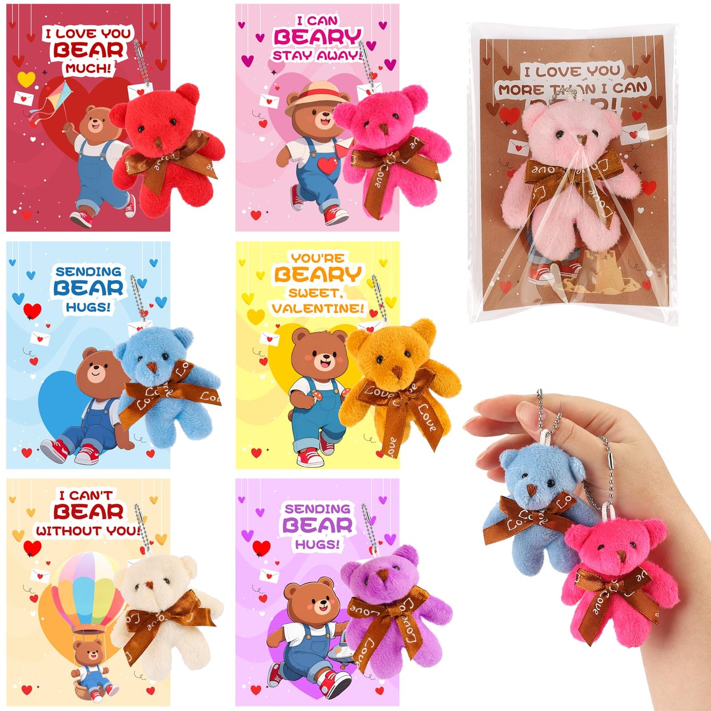 Wsorik 28-Pack Valentine Cards with Mini Plush Bear Keychains – Classroom Gifts & Party Favors