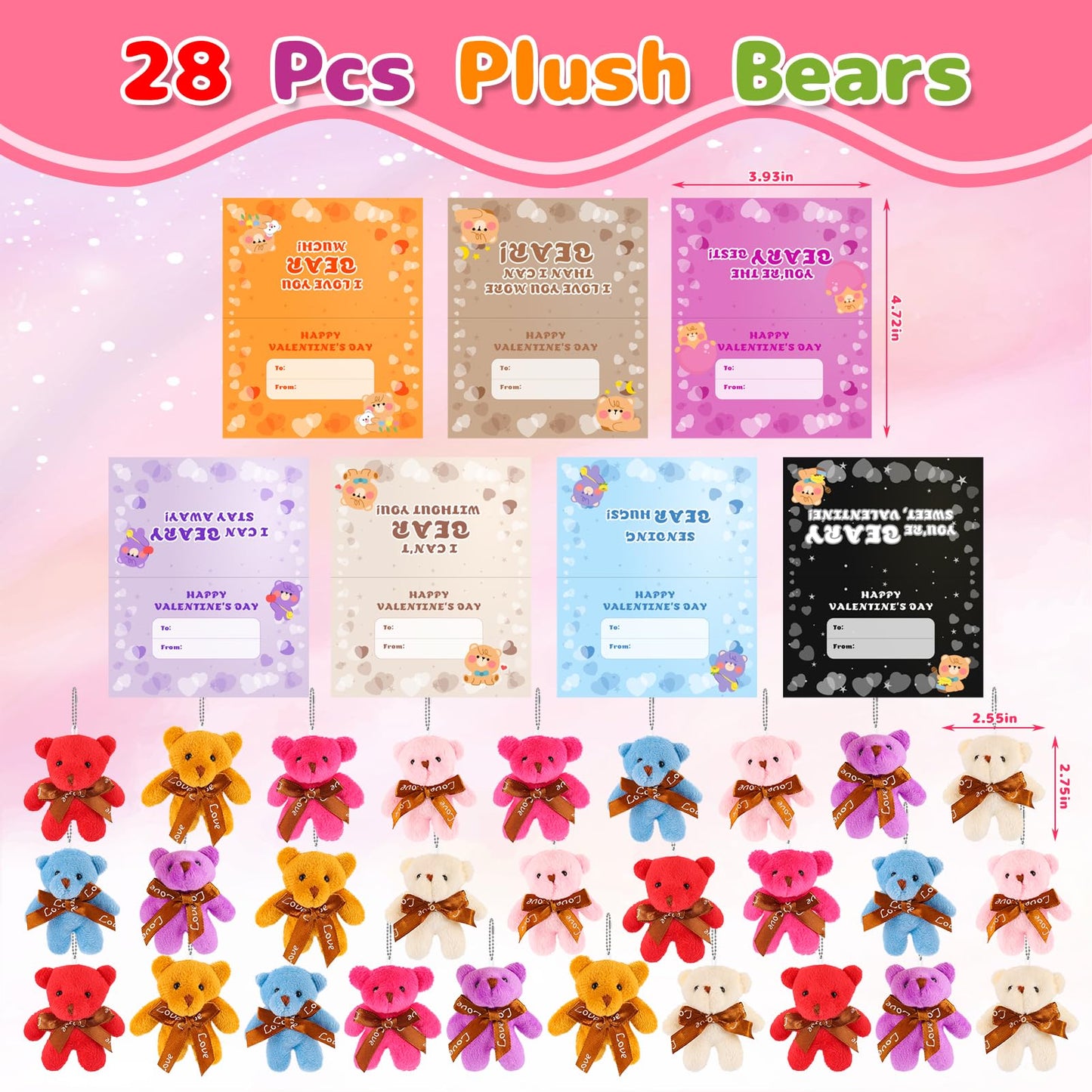 Wsorik 28-Pack Valentine Cards for Kids with Mini Plush Bear Keychains | Classroom Valentines Gifts