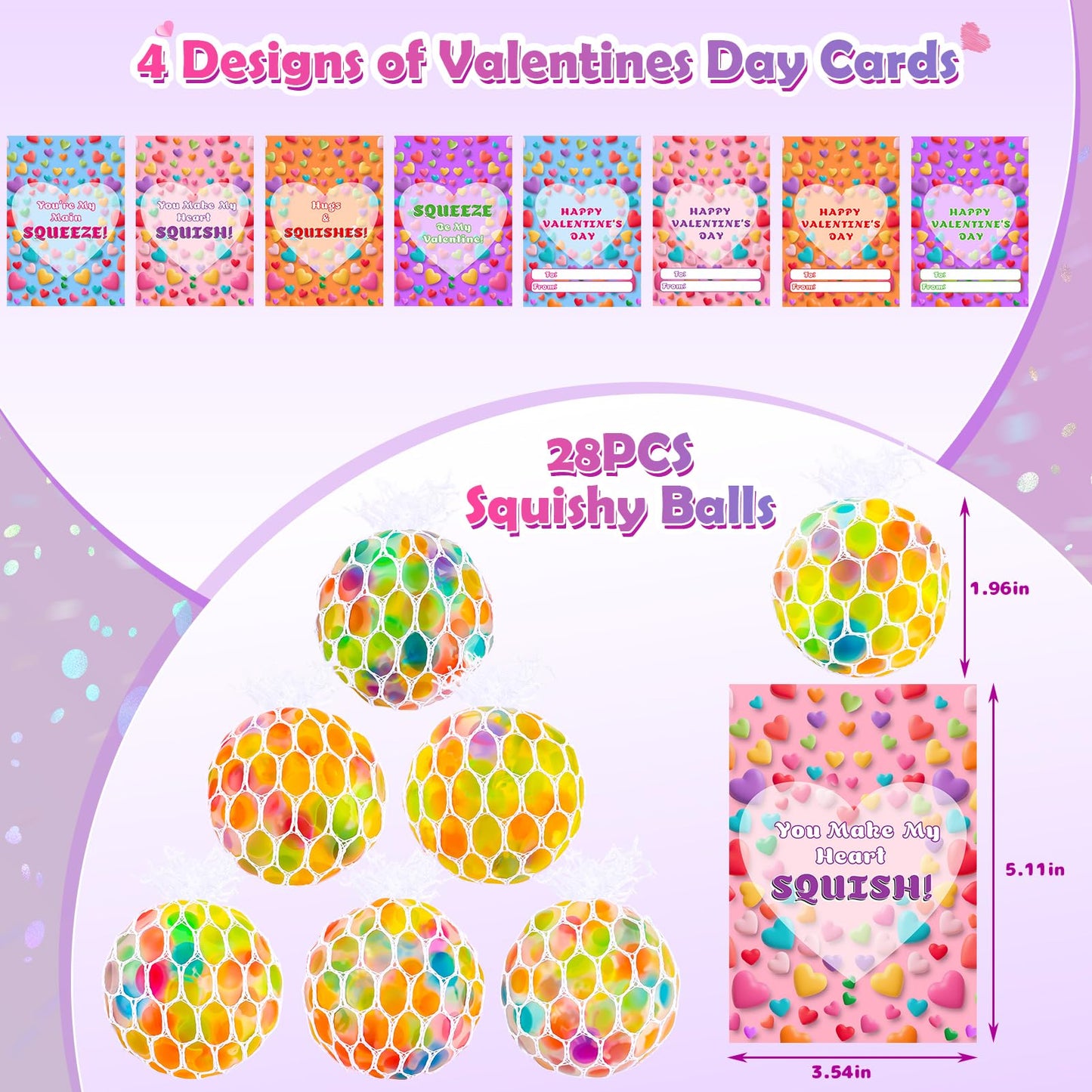 Wsorik 28-Pack Valentines Day Gifts for Kids – Classroom Fidget Balls & Card Set
