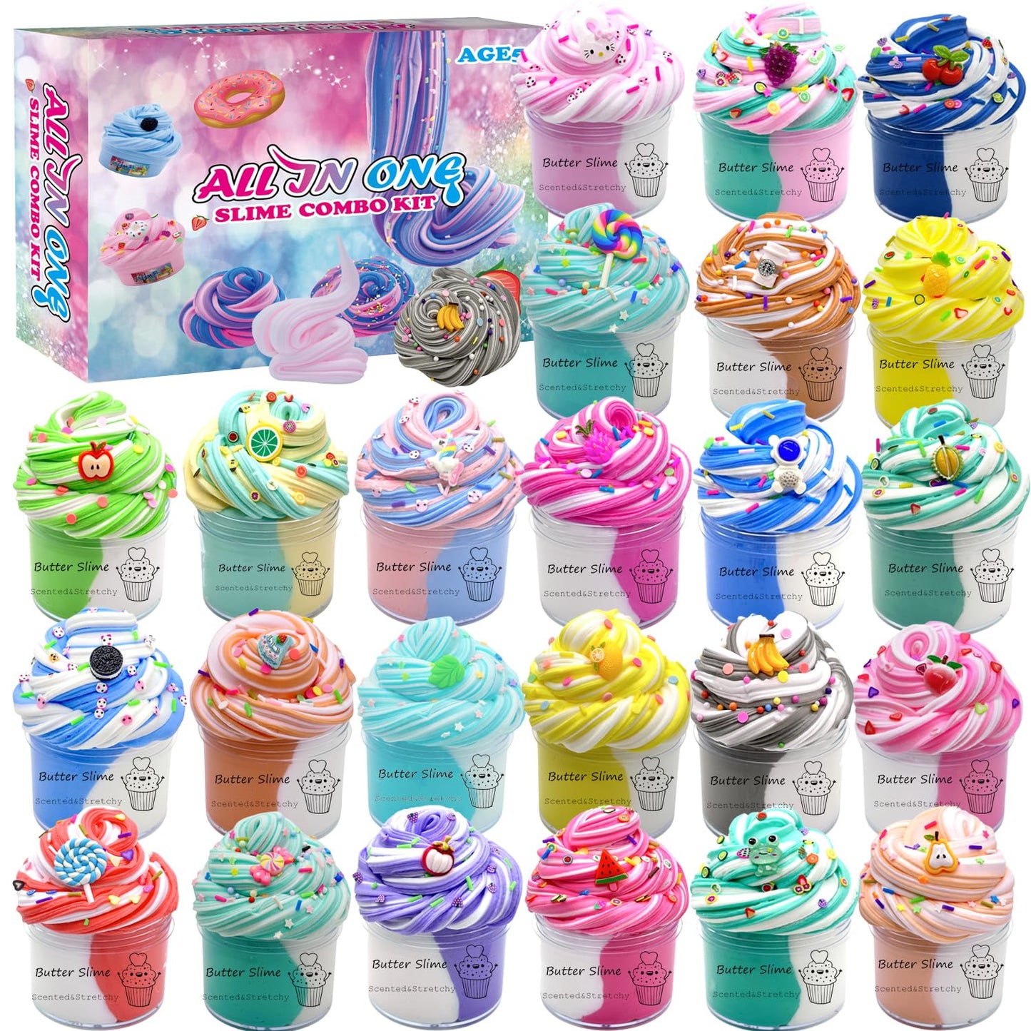 wtelnbton Butter Slime Kit – 24-Pack Two-Toned Slime, Soft & Non-Sticky