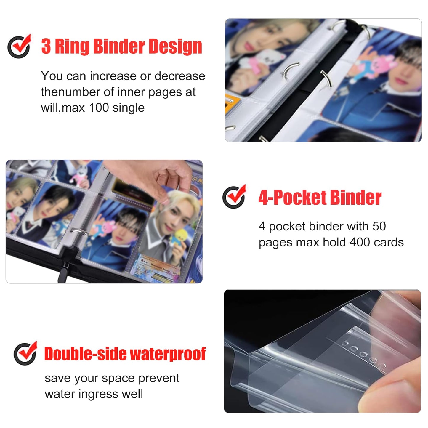 WTVIDAS Kpop Photocard Binder – 400 Card Capacity, 4-Pocket, Waterproof PU Cover, 50 Pages