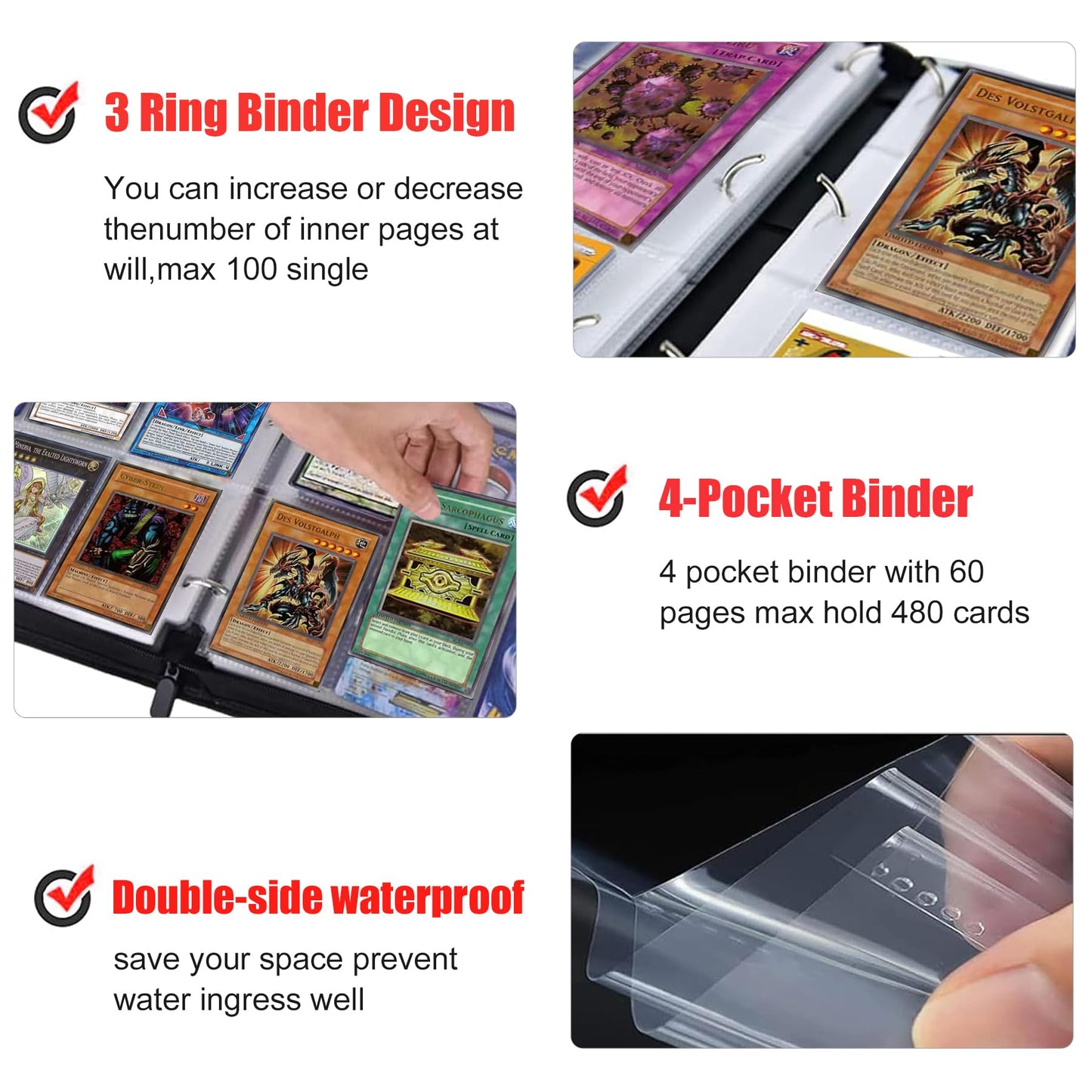 WTVIDAS 4 Pocket Yugioh Card Binder – Holds 400 Cards, Waterproof 3-Ring Album with Removable Sleeves