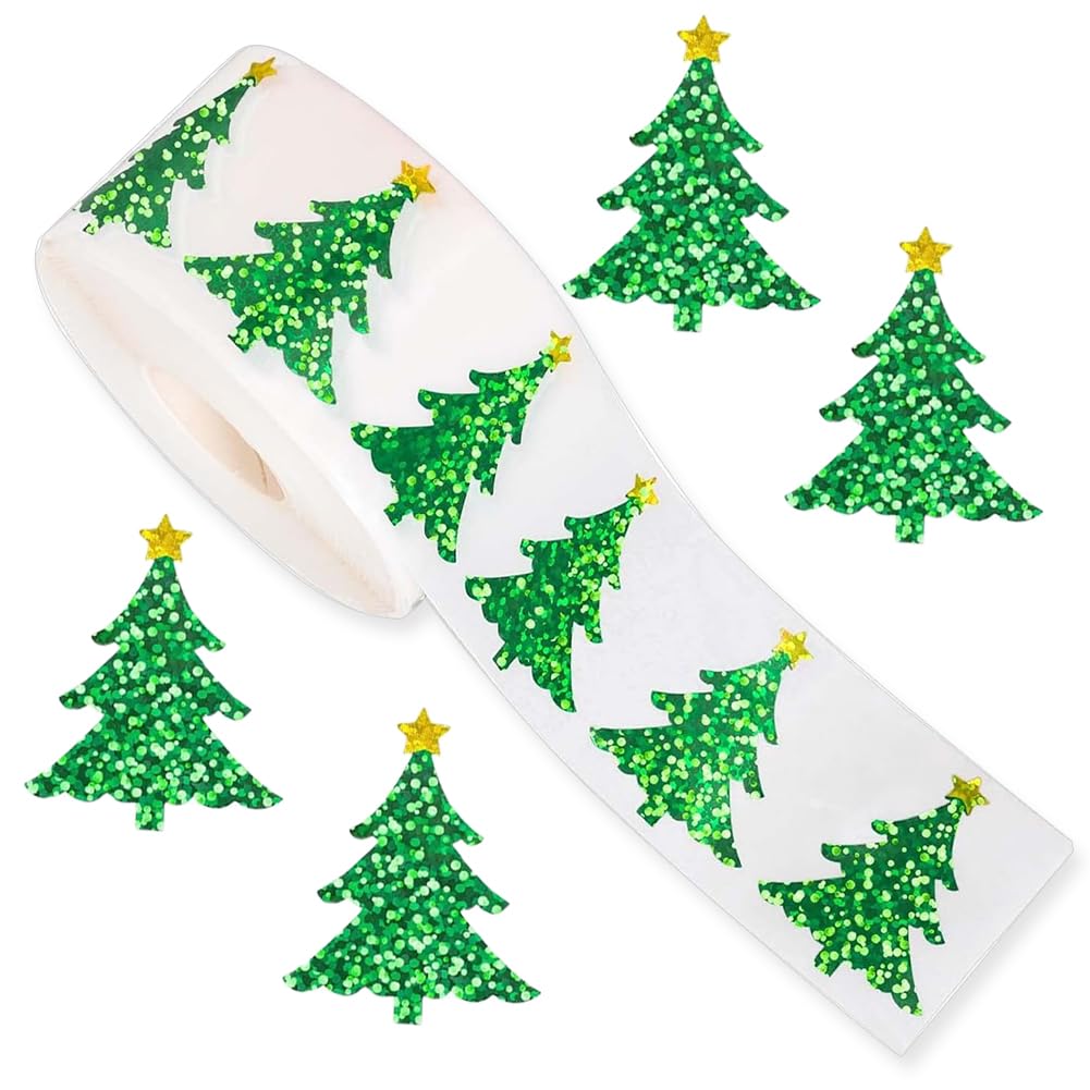 Wuhetyo 500Pcs Christmas Tree Stickers Roll – 1.2in Glitter Green, Waterproof PET, Self-Adhesive