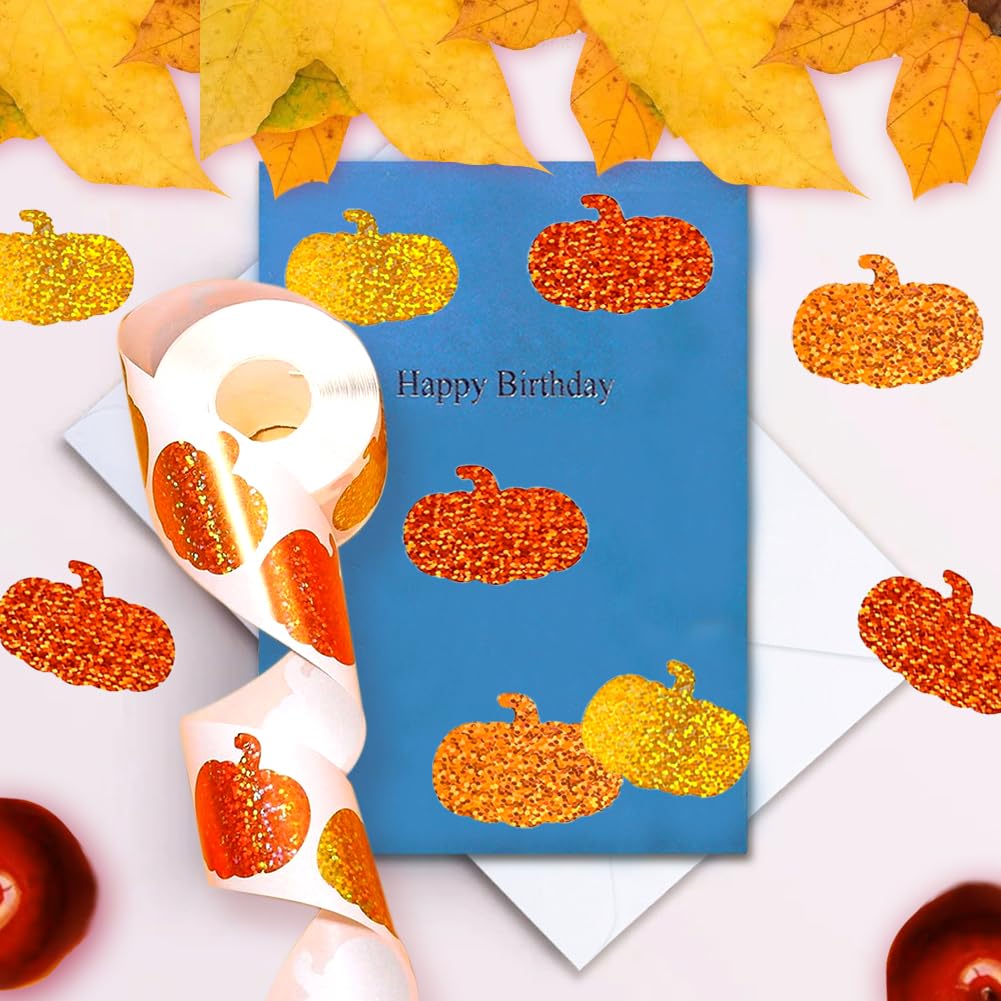 Wuhetyo 500Pcs Fall Thanksgiving Pumpkin Stickers Roll – Glitter 1in, Self-Adhesive Decor