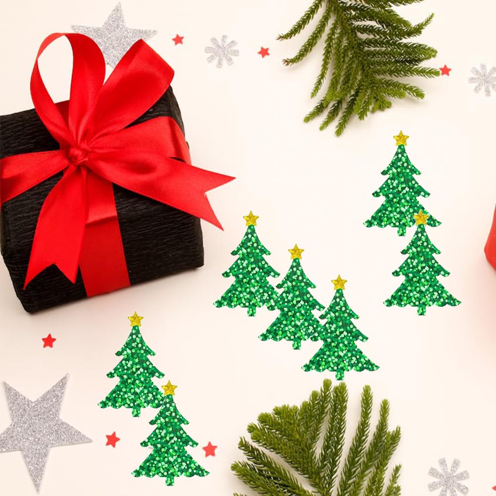 Wuhetyo 500Pcs Christmas Tree Stickers Roll – 1.2in Glitter Green, Waterproof PET, Self-Adhesive