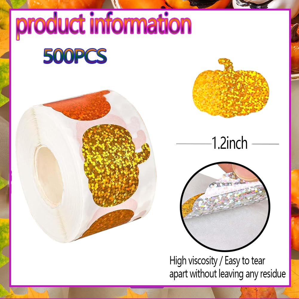 Wuhetyo 500Pcs Fall Thanksgiving Pumpkin Stickers Roll – Glitter 1in, Self-Adhesive Decor