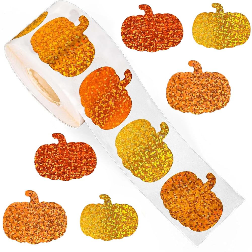 Wuhetyo 500Pcs Fall Thanksgiving Pumpkin Stickers Roll – Glitter 1in, Self-Adhesive Decor