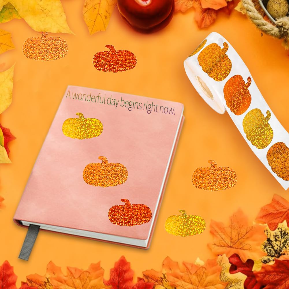Wuhetyo 500Pcs Fall Thanksgiving Pumpkin Stickers Roll – Glitter 1in, Self-Adhesive Decor