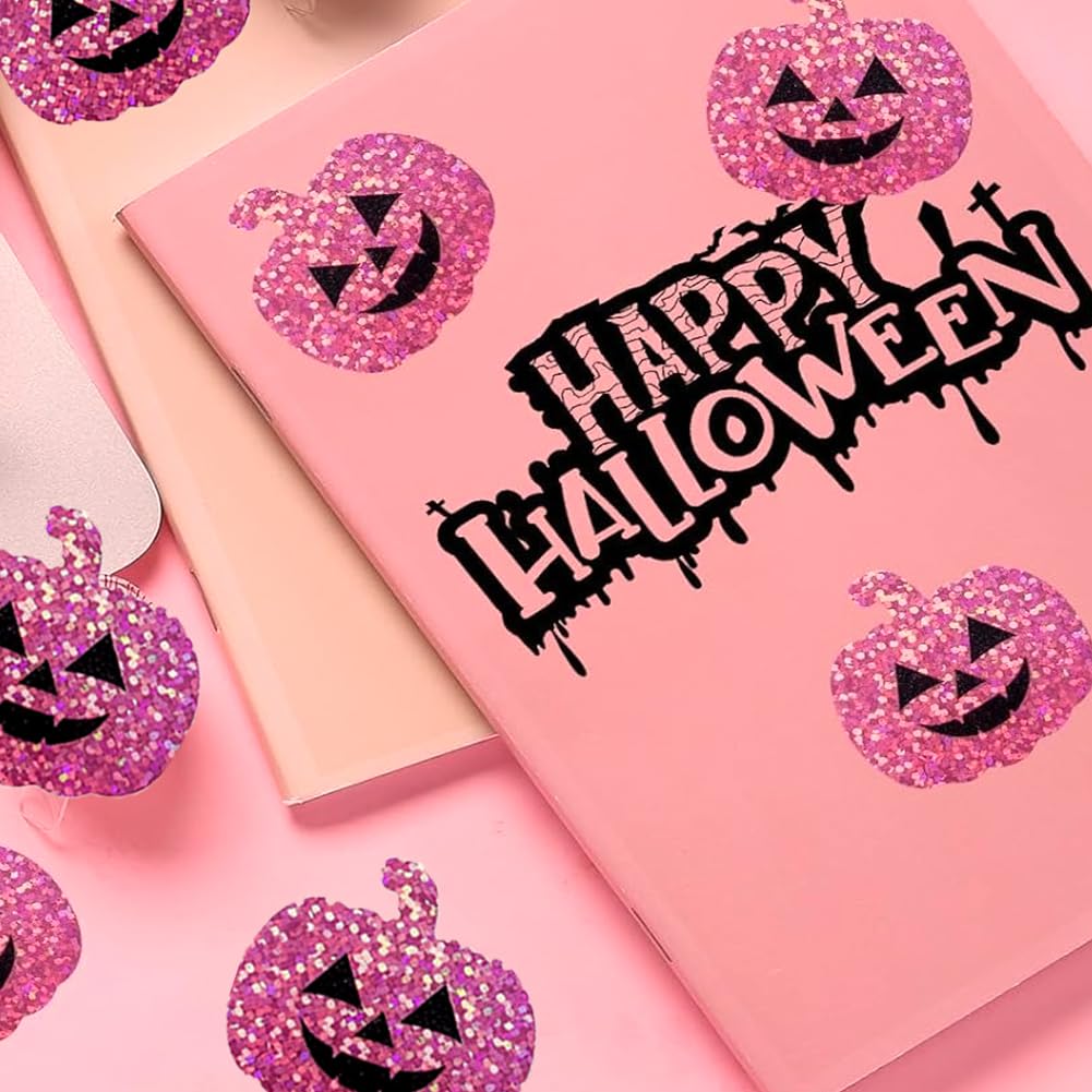 Wuhetyo 500Pcs Halloween Pumpkin Stickers Roll – Purple Glitter 1.2in, Waterproof Self-Adhesive