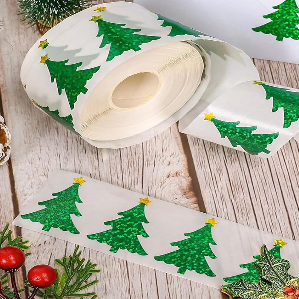 Wuhetyo 500Pcs Christmas Tree Stickers Roll – 1.2in Glitter Green, Waterproof PET, Self-Adhesive