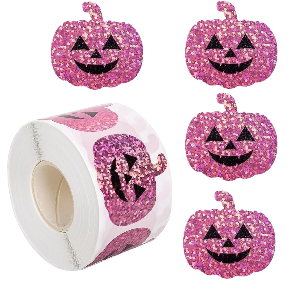 Wuhetyo 500Pcs Halloween Pumpkin Stickers Roll – Purple Glitter 1.2in, Waterproof Self-Adhesive