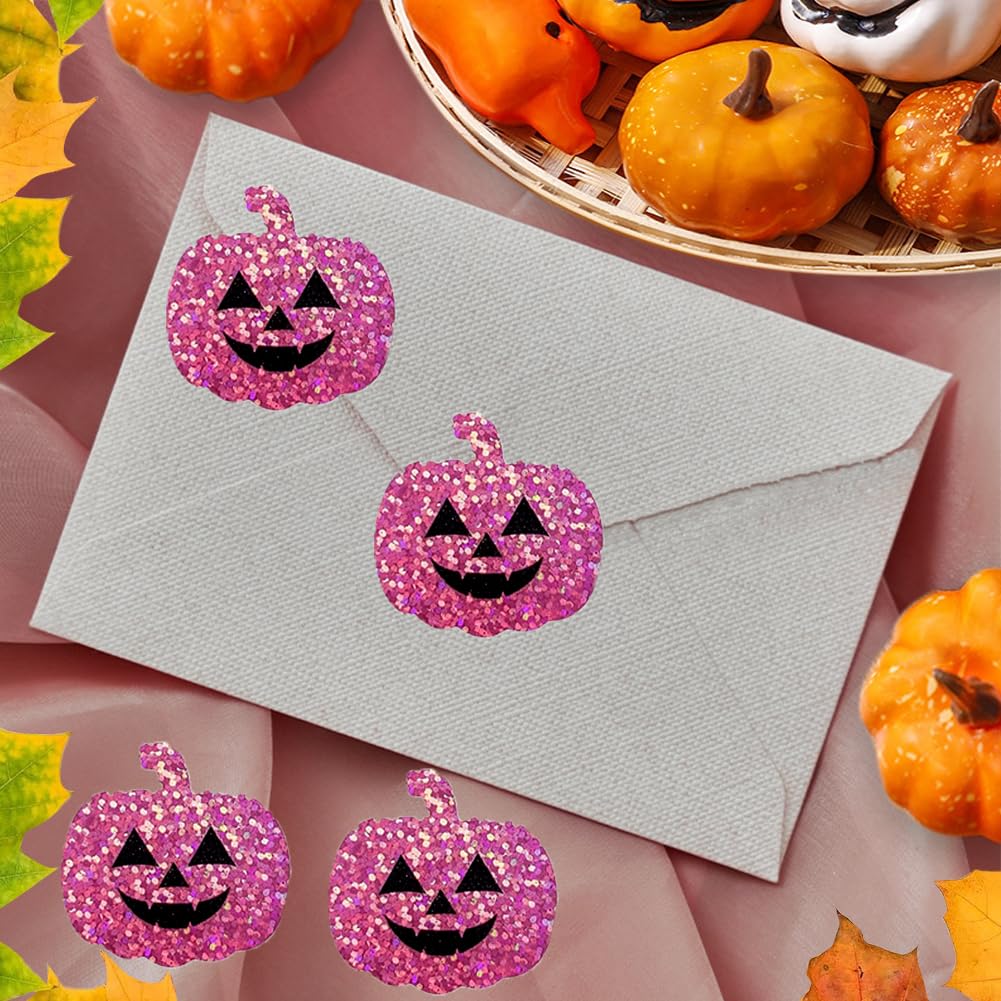 Wuhetyo 500Pcs Halloween Pumpkin Stickers Roll – Purple Glitter 1.2in, Waterproof Self-Adhesive