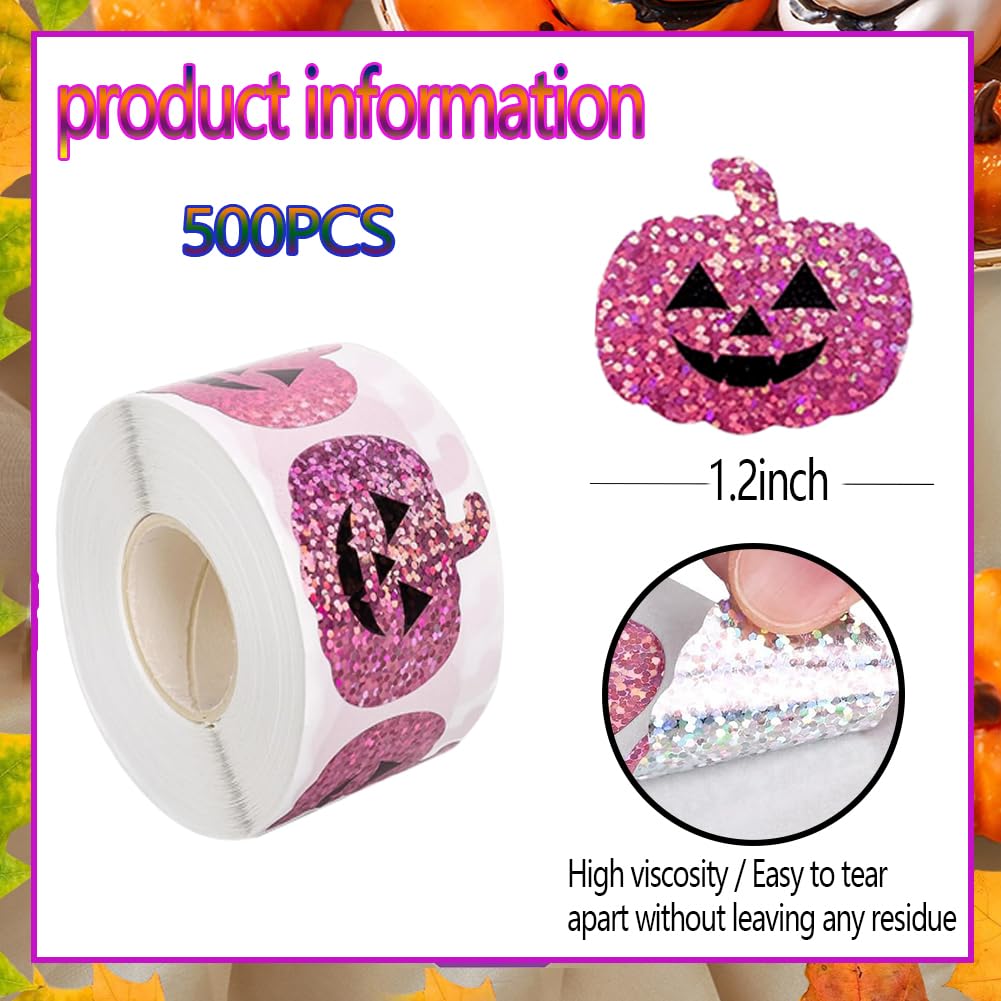 Wuhetyo 500Pcs Halloween Pumpkin Stickers Roll – Purple Glitter 1.2in, Waterproof Self-Adhesive