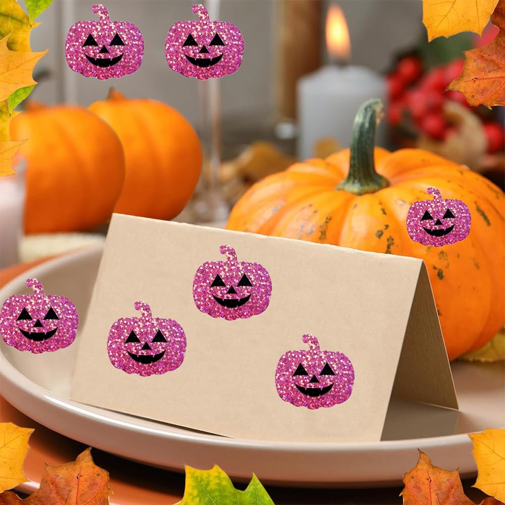 Wuhetyo 500Pcs Halloween Pumpkin Stickers Roll – Purple Glitter 1.2in, Waterproof Self-Adhesive