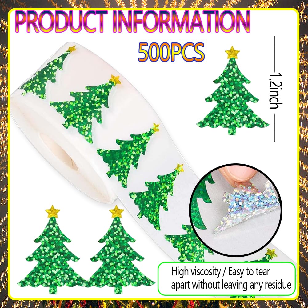 Wuhetyo 500Pcs Christmas Tree Stickers Roll – 1.2in Glitter Green, Waterproof PET, Self-Adhesive